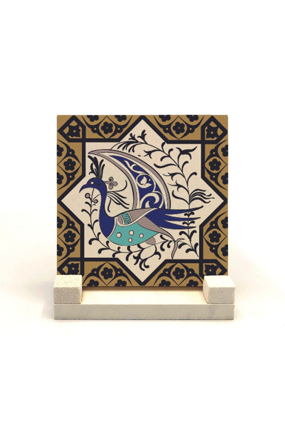 Souvenest Tavus Kuşu Figürlü, Anadolu Selçuklu Yıldızı Baskılı Doğaltaş Masaüstlük 10x10 Kd-31