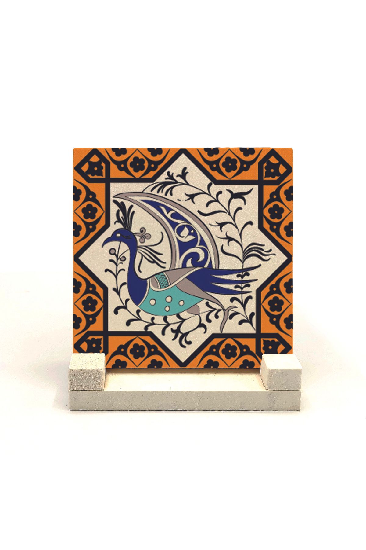 Souvenest Tavus Kuşu Figürlü, Anadolu Selçuklu Yıldızı Baskılı Doğaltaş Masaüstlük 10x10 Kd-30