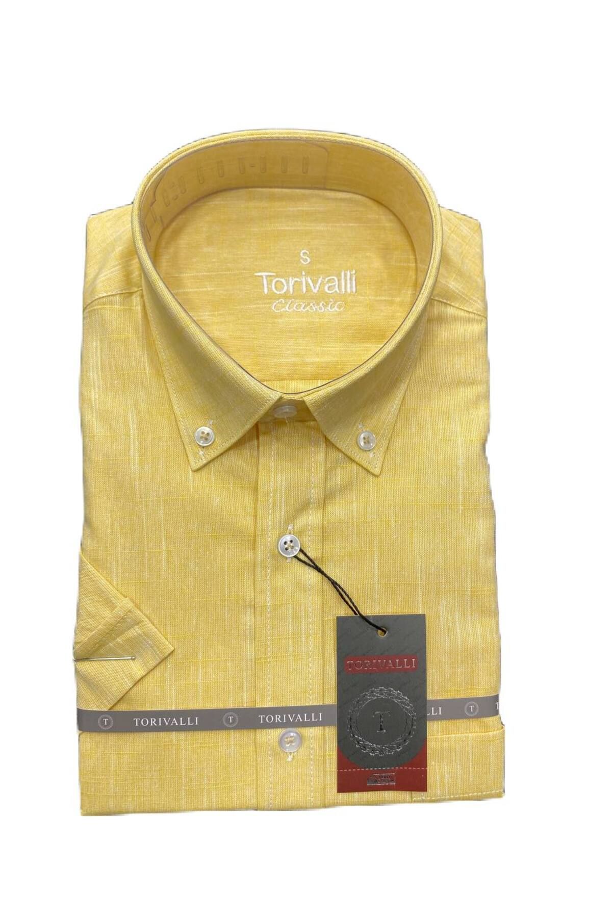 Torivalli Collection Keten Klasik Kesim Yaka Düğmeli Kısa Kollu Cepli Mevsimlik Düz Renk Erkek Gömlek