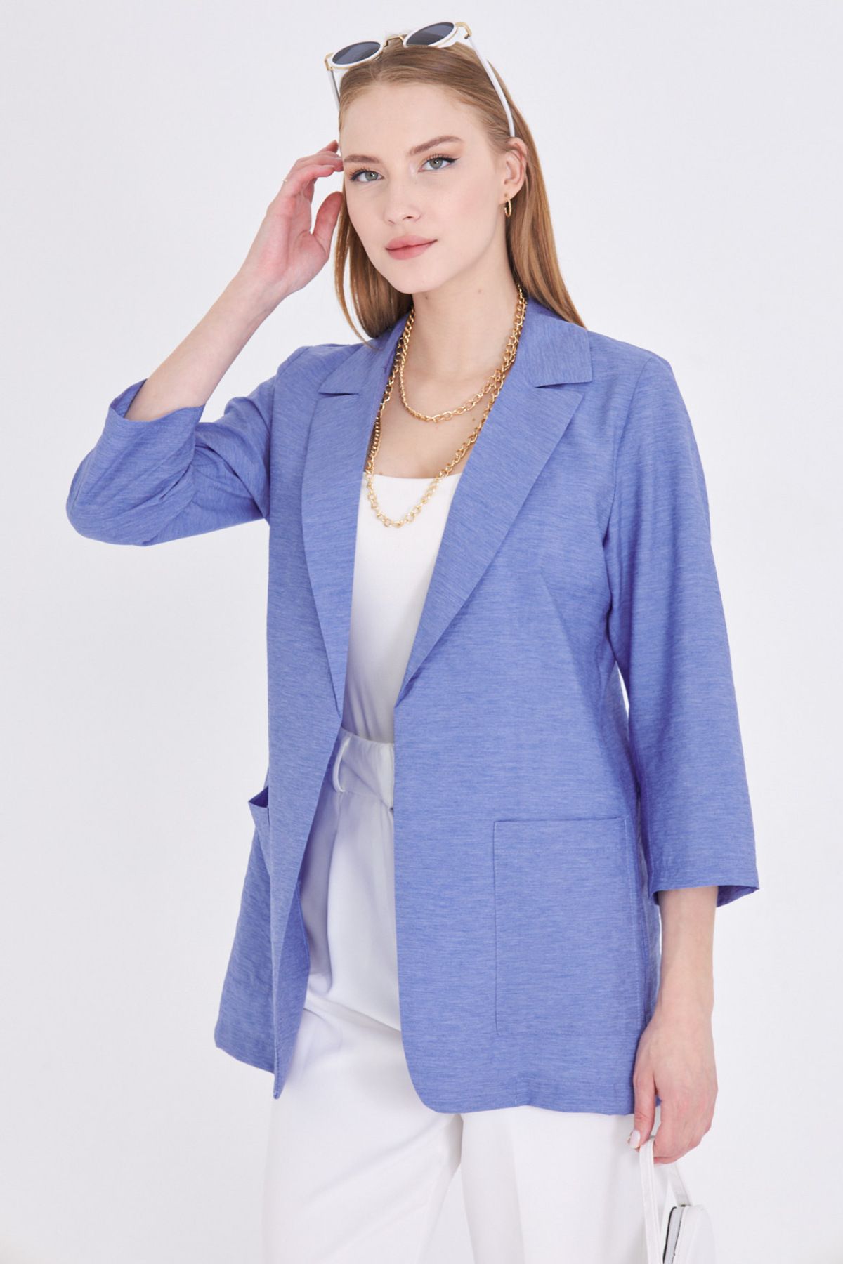 armonika Kadın Mavi Cepli Oversize Ceket ARM-25Y001064