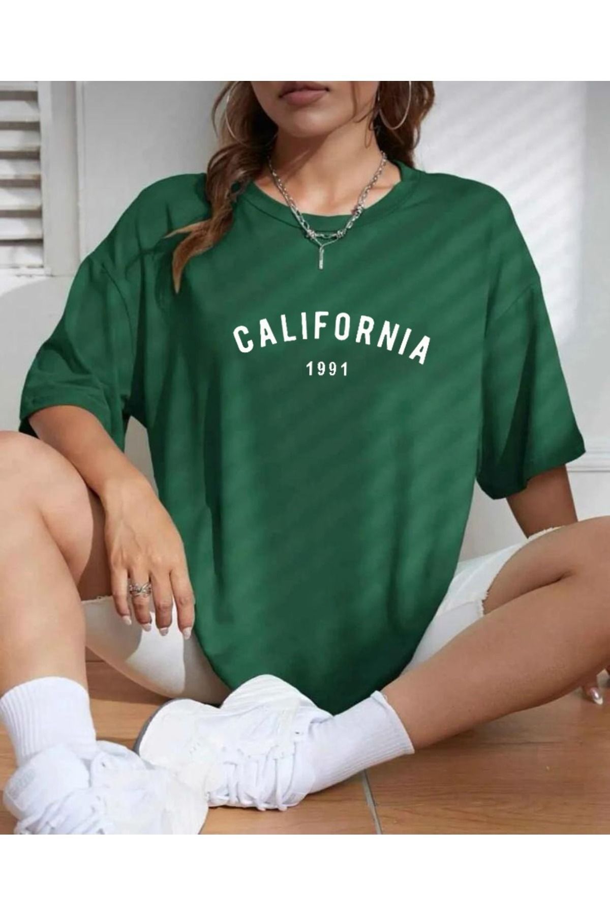 Hunors Sportswear & Company Nefti Yeşil California 1991 T-Shirt - Baskılı Oversize Bisiklet Yaka Kısa Kol