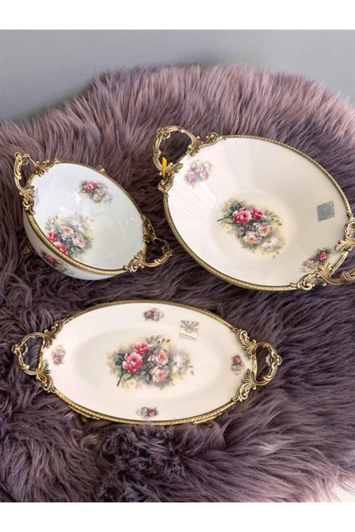 ROSSEV Antique Kulplu Sunum Set 3 Parça