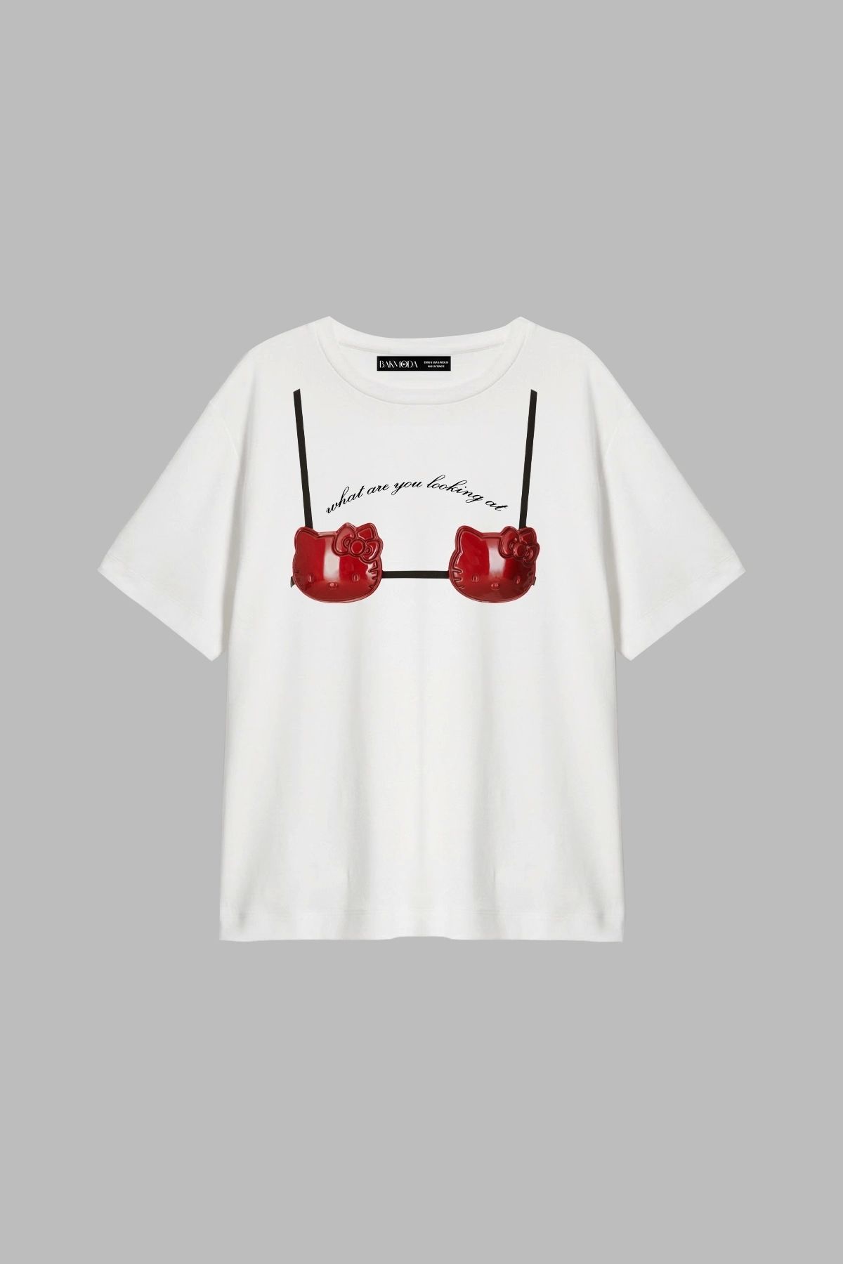 CİNEMA MODA Red Kitty Baskılı Relaxed Fit Beyaz Kadın Tshirt