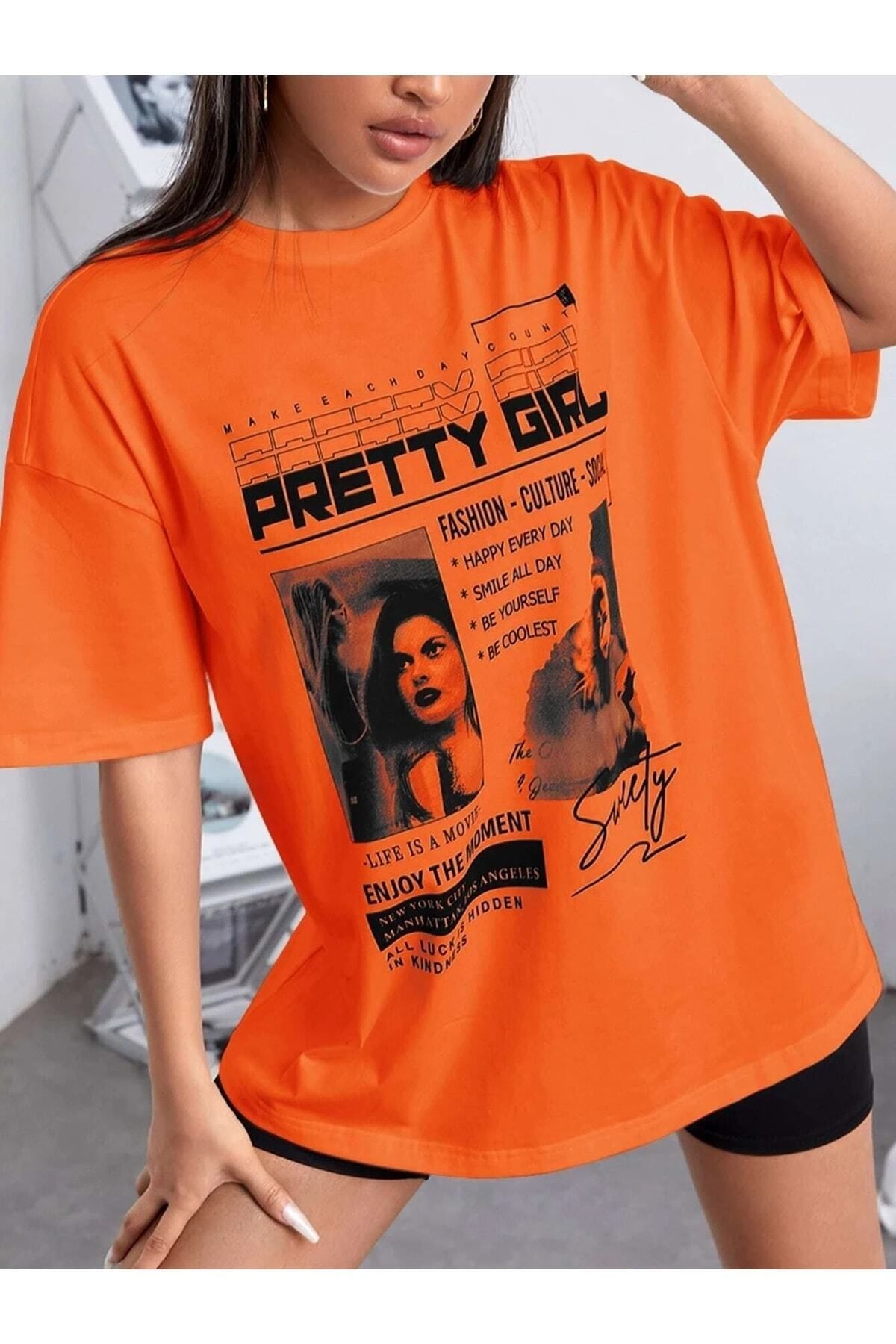 Hunors Sportswear & Company Kadın / Kız Turuncu Oversize T-shirt Pretty Gril Baskılı