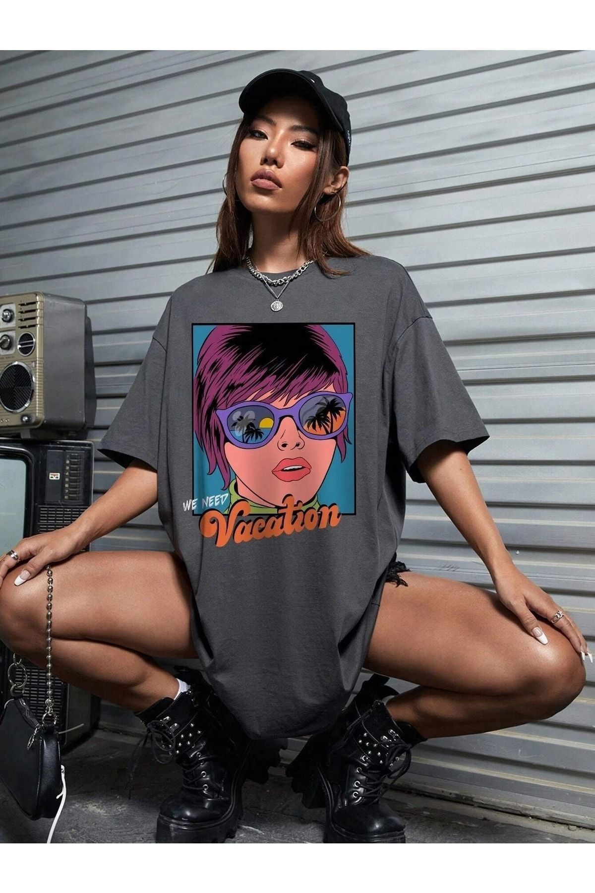 Boi Kadın / Kız Purple Haired Woman Baskılı Oversize T-shirt Salas Boyfriend