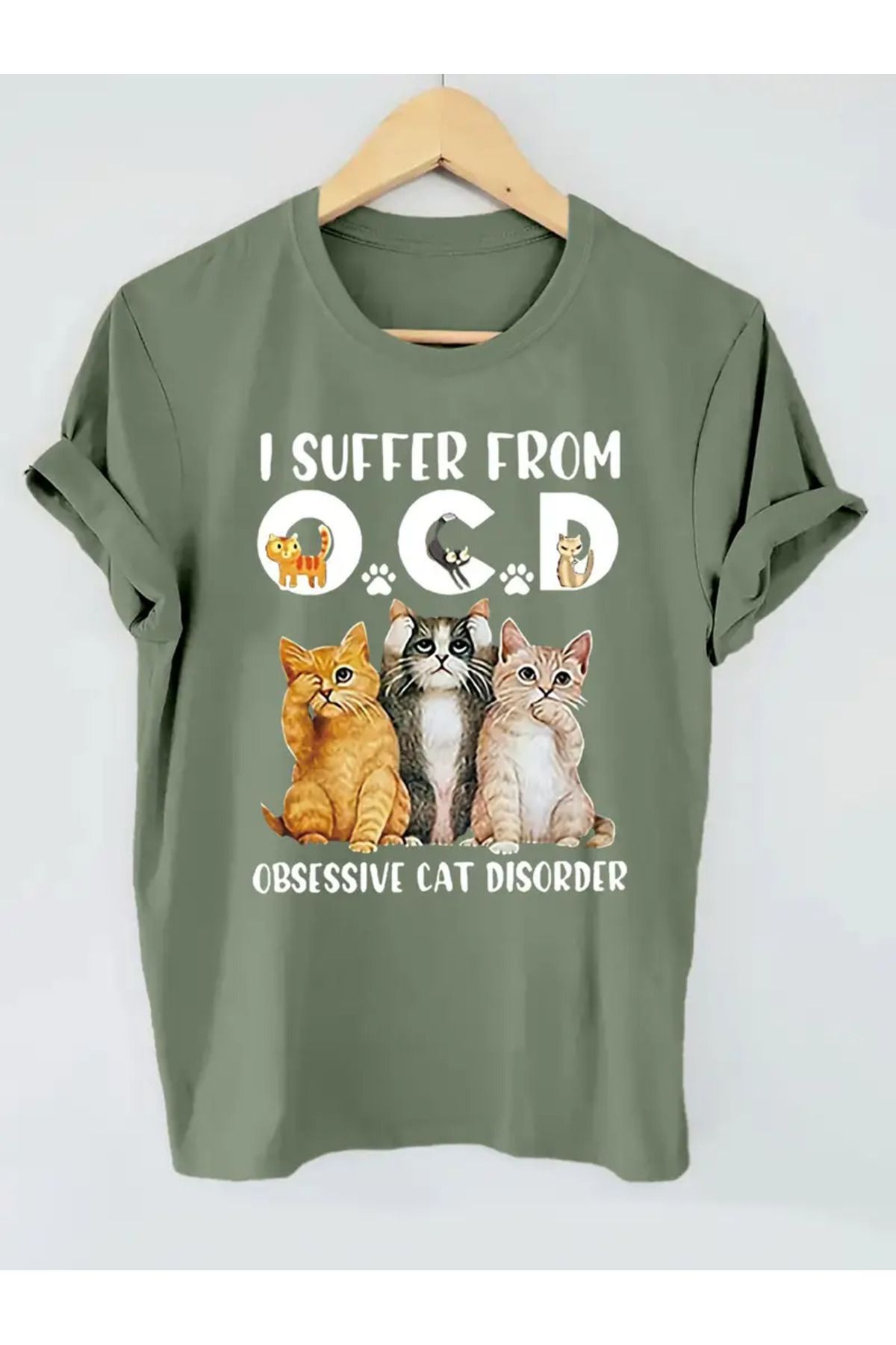 Hunors Sportswear & Company Ocd Cat Baskılı Kadın Haki yeşili T-shirt