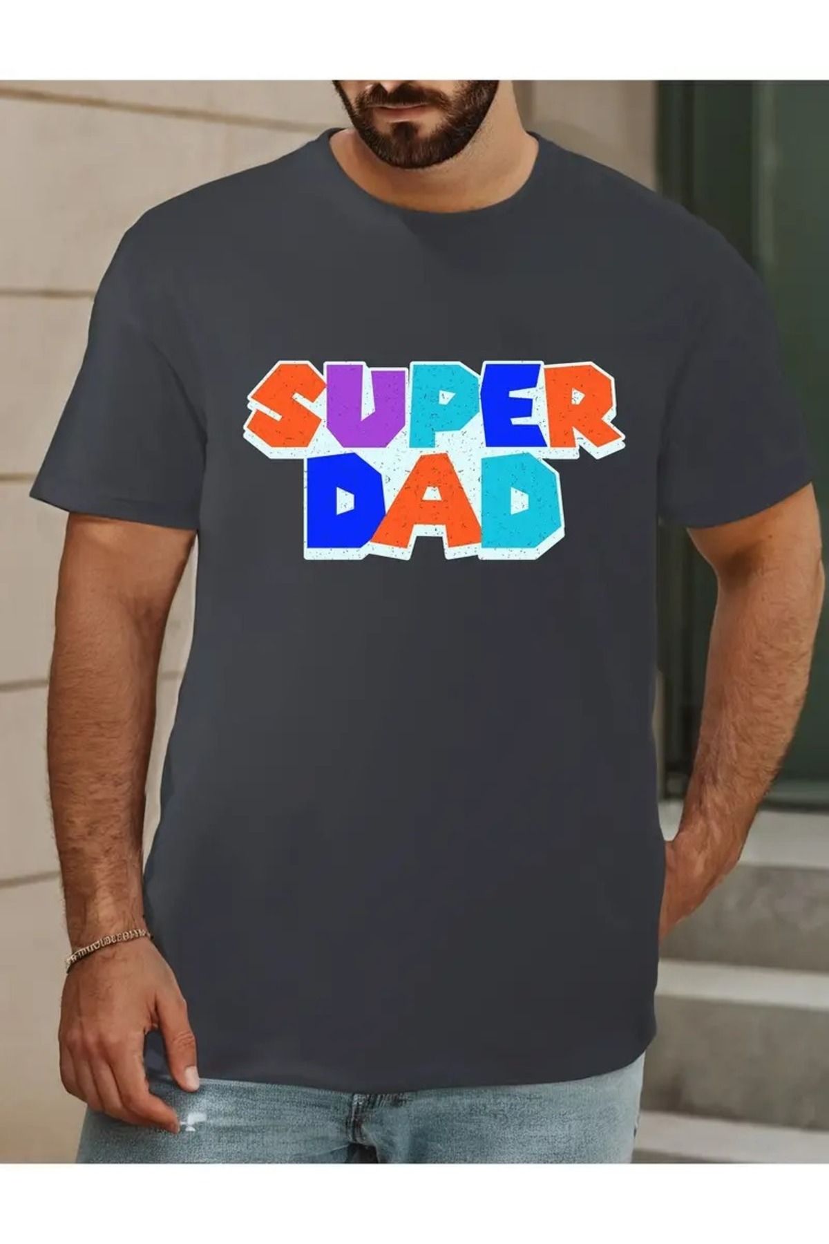 Boi Kadın ve Erkek Süper Baba Baskılı Bisiklet Yaka Oversize Salaş Boyfirend Siyah T-shirt