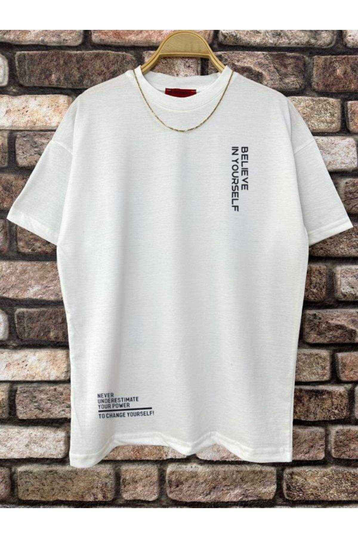 Hunors Sportswear & Company Beyaz Believe T-Shirt - Baskılı Oversize Bisiklet Yaka Kısa Kol
