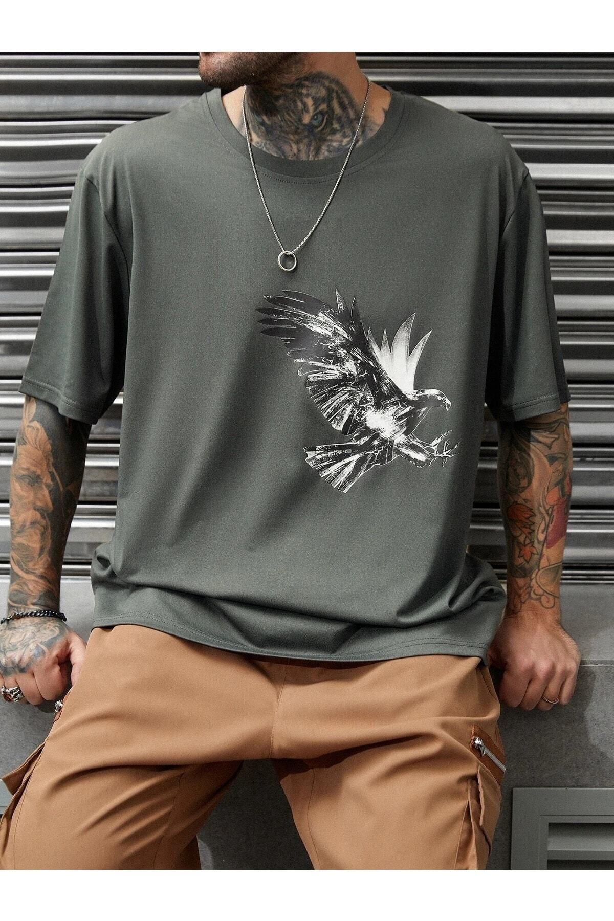 Hunors Sportswear & Company Erkek Füme Oversize T-shirt Kartal Baskılı