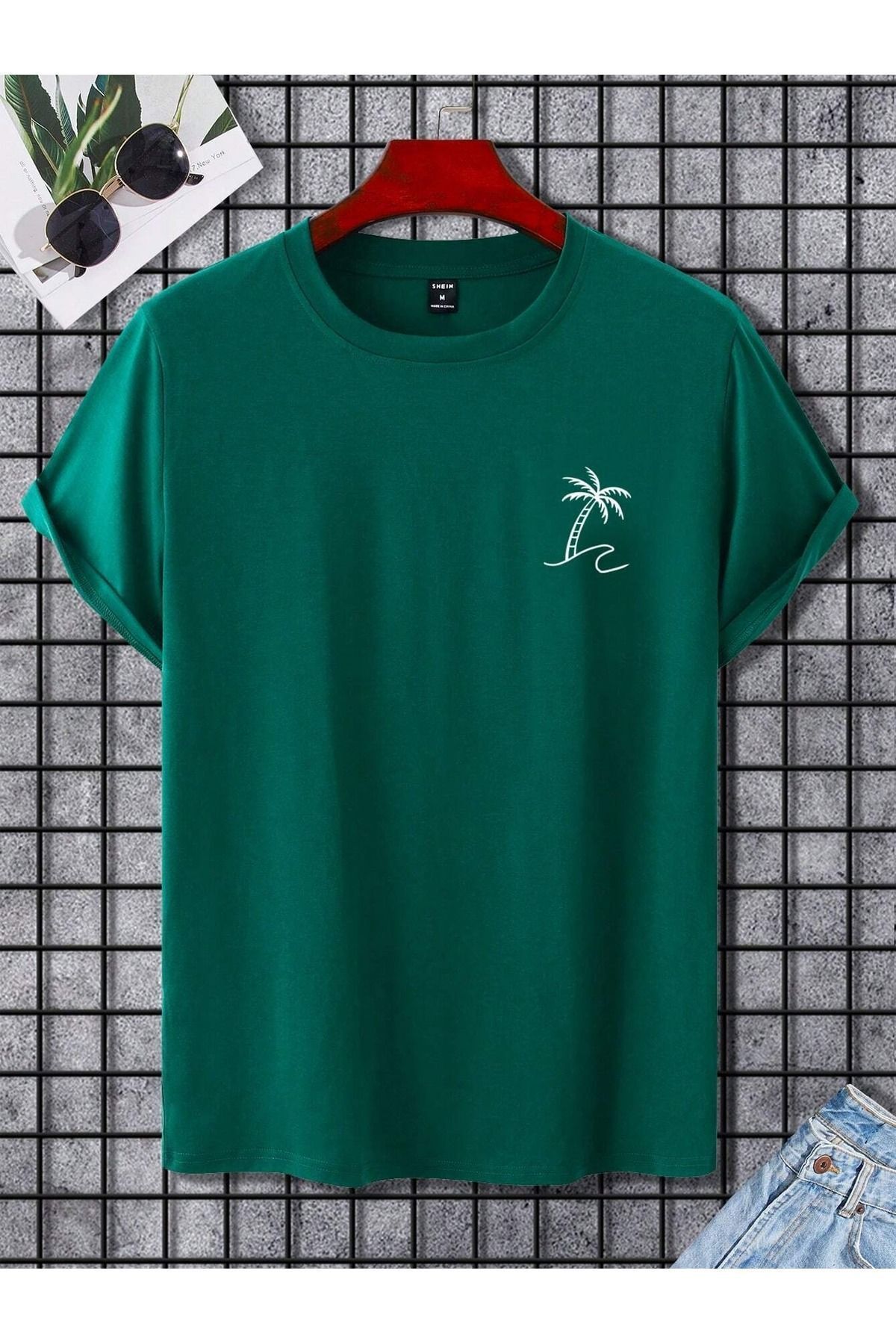 Hunors Sportswear & Company Palm Wave T-Shirt - Nefti Yeşil Baskılı Oversize Bisiklet Yaka Kısa Kol