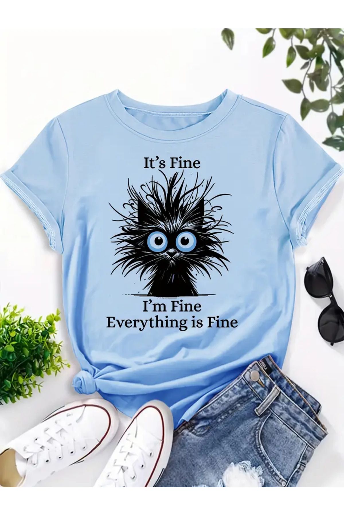Boi Everything is Fine Baskılı Kadın Bebe Mavisi Pamuk T-shirt