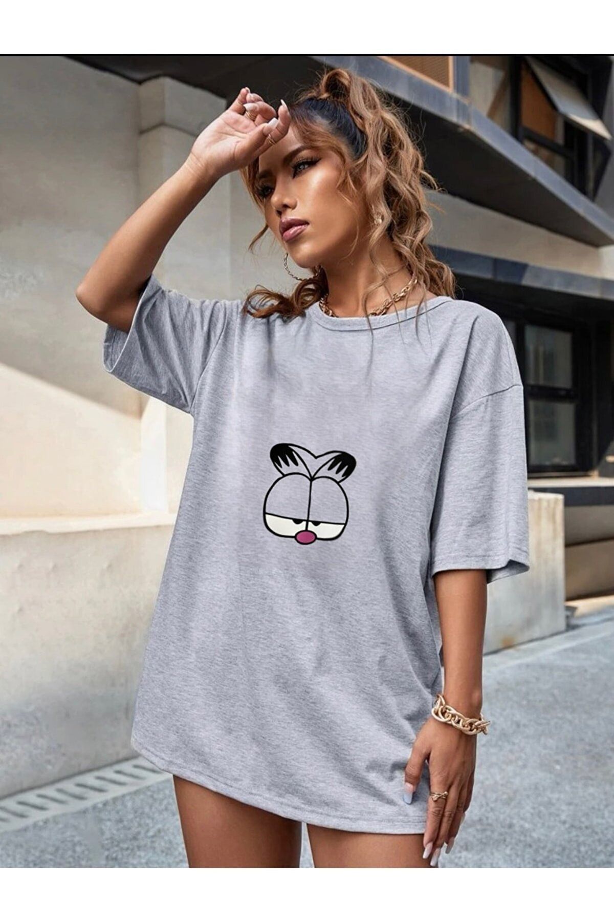 Boi Kadın / Kız Garfield Baskılı Oversize T-shirt Salaş Boyfirend