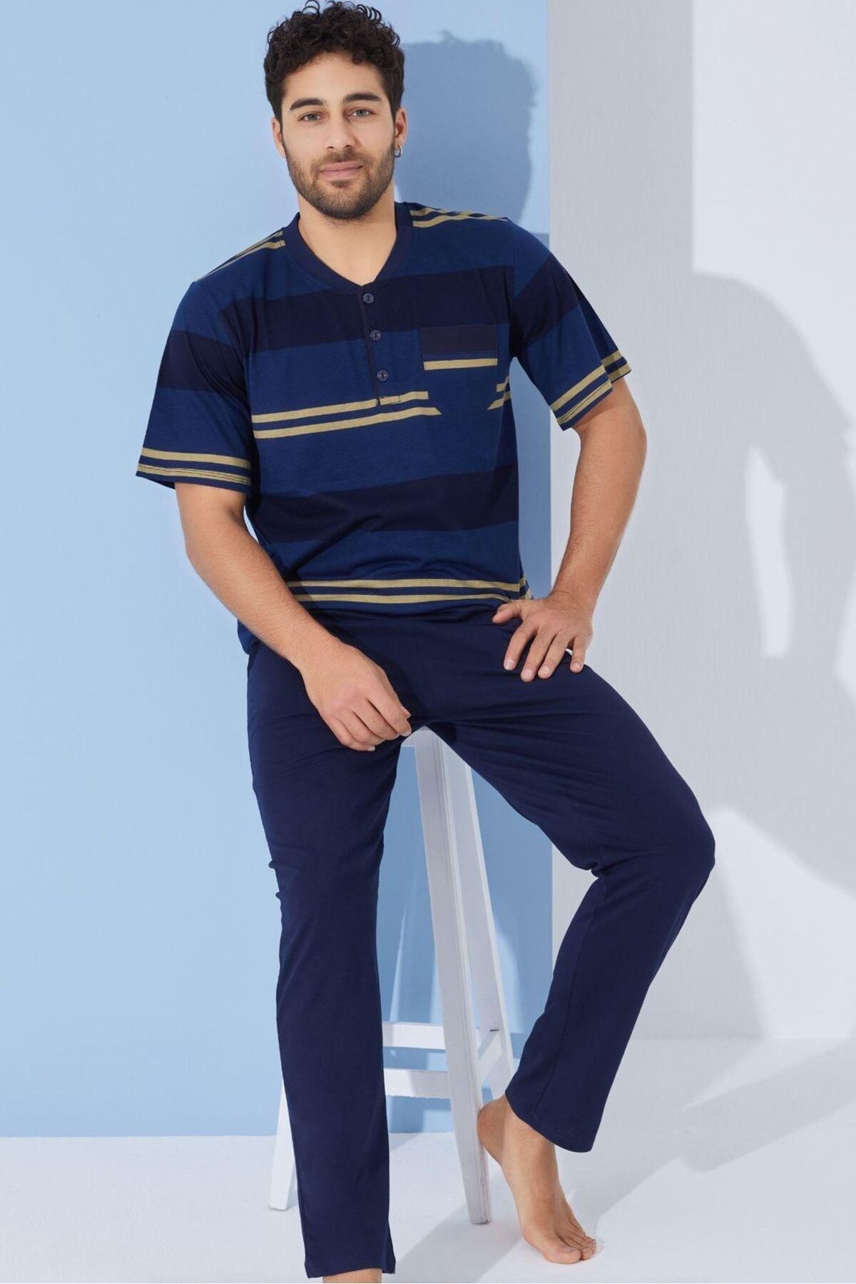 seamlife Erkek %100 Pamuklu Lacivert Çizgili Bisiklet Yaka Düğmeli Kısa Kollu Pijama Takımı