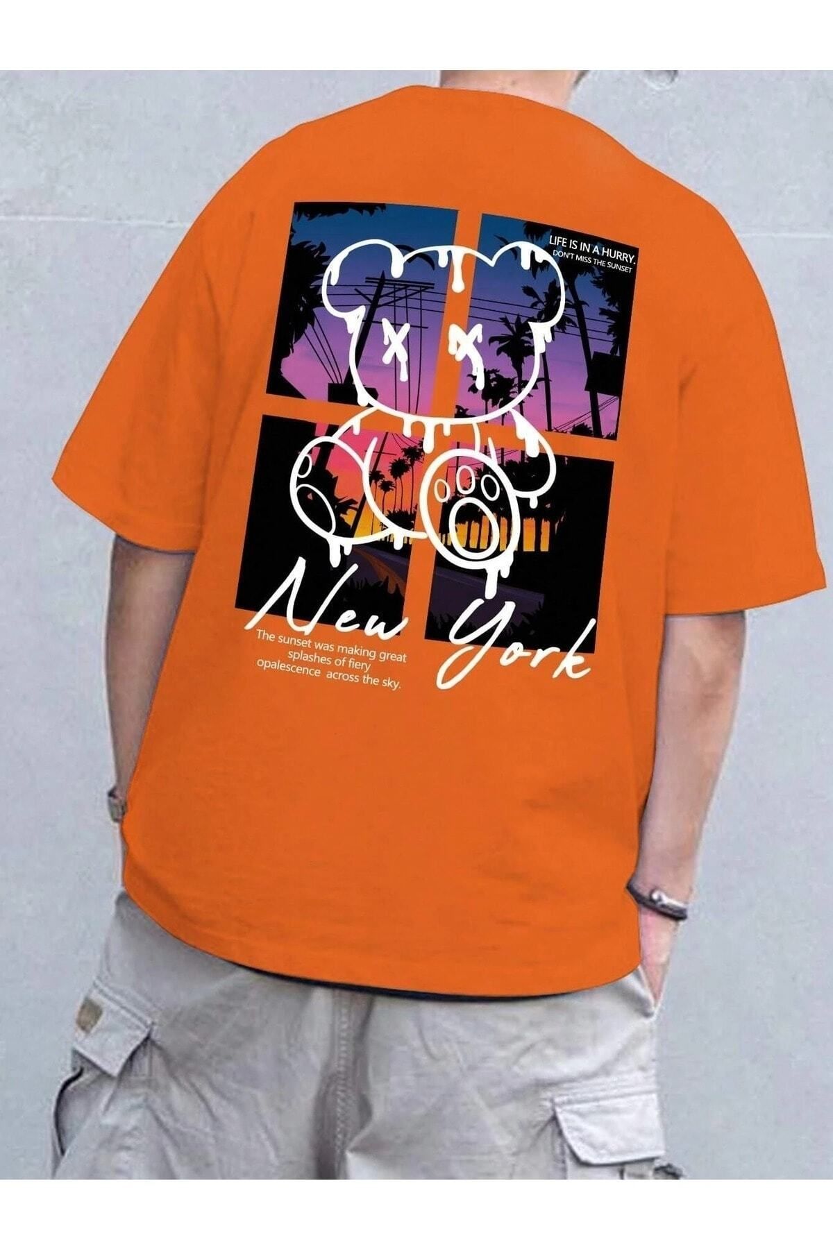 Boi Bear New York Baskılı Oversize Kadın ve Erkek T-shirt Salaş Boyfirend