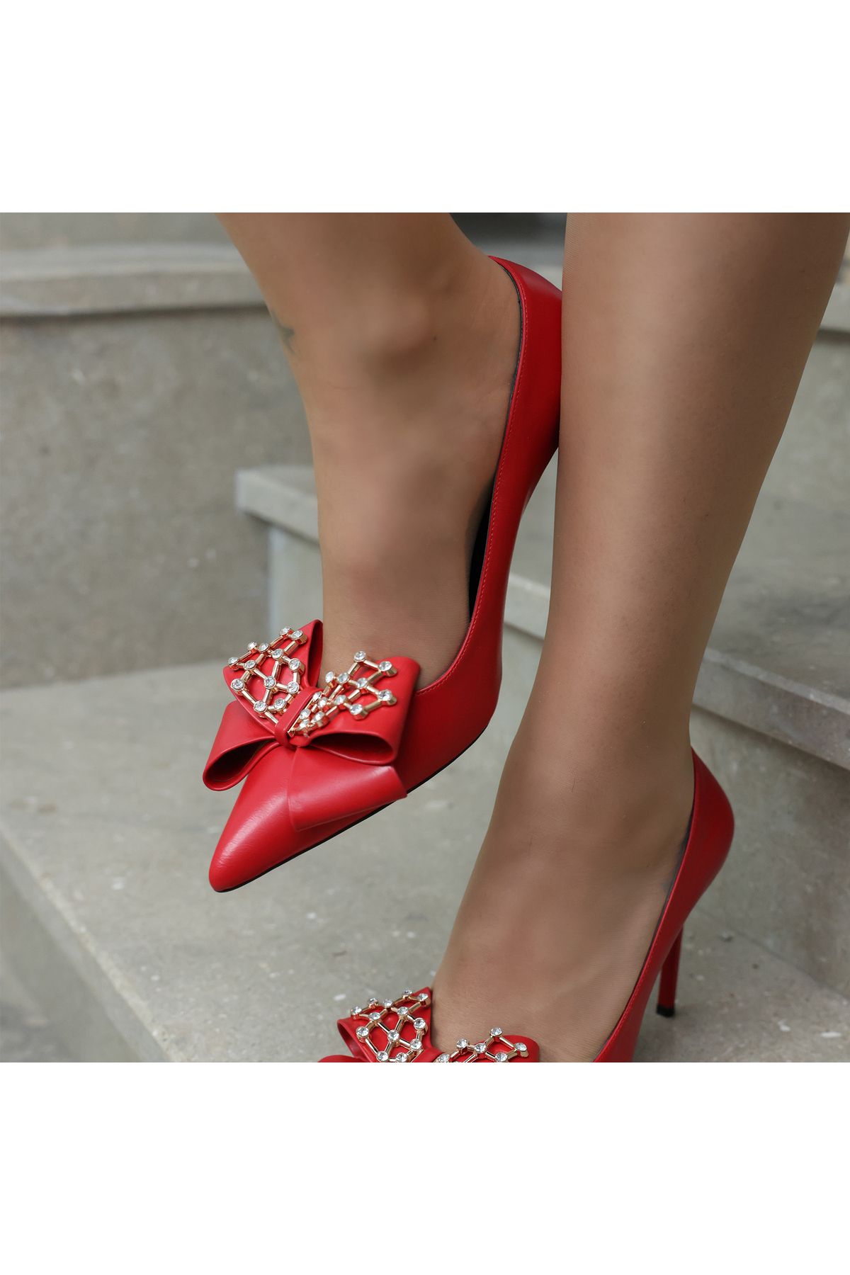 EVASAMLİSHOESBAG Kurdela Ve Taş Detaylı Kırmızı Stiletto