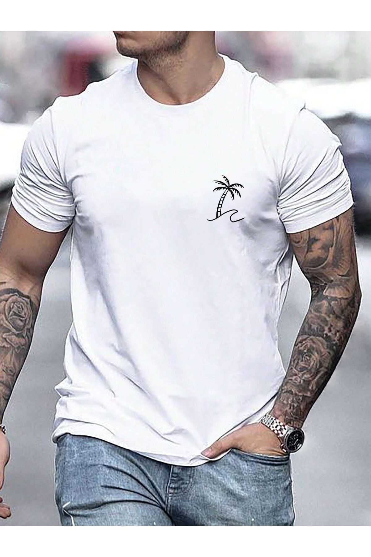 Boi Palm Wave T-Shirt - Beyaz Baskılı Oversize Bisiklet Yaka Kısa Kol