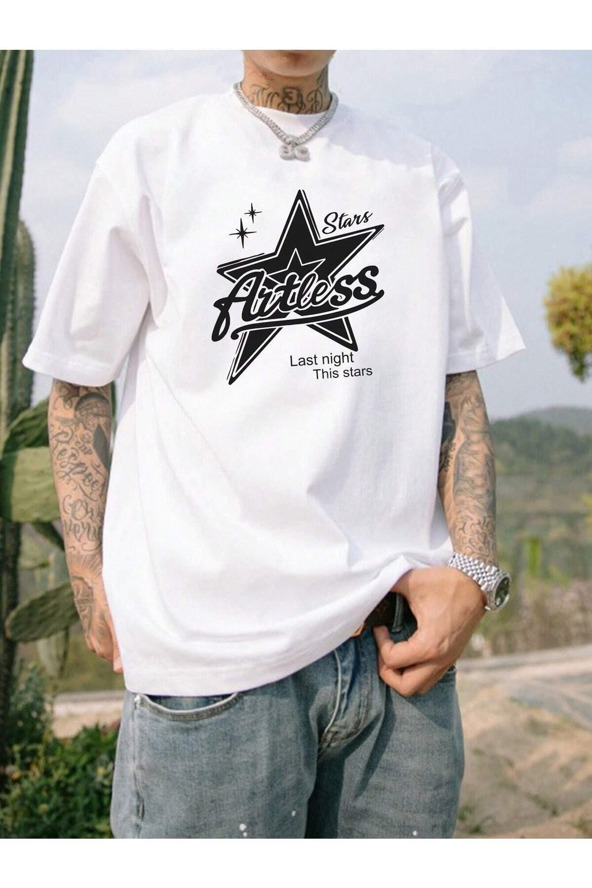 Boi Stars Baskılı Oversize Kadın ve Erkek T-shirt Salaş Boyfirend