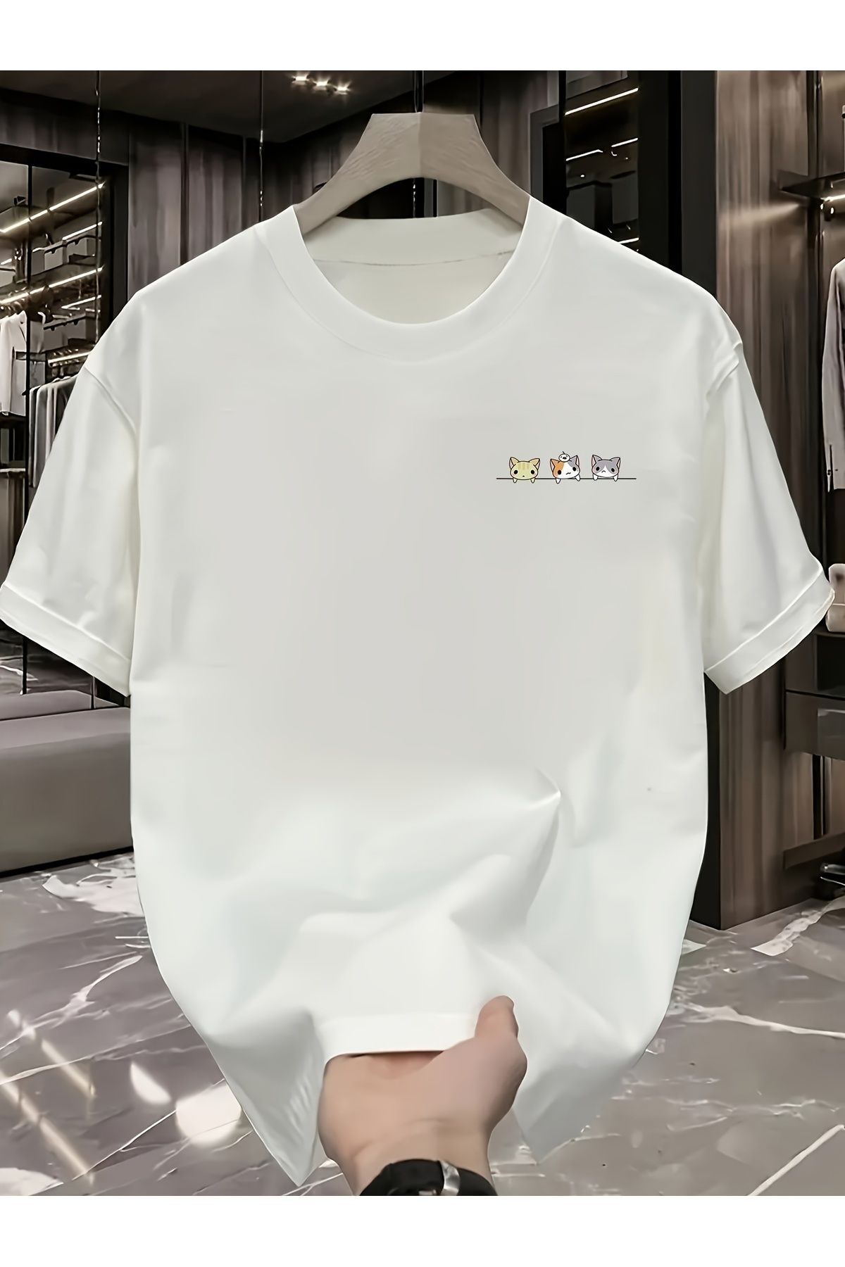 Hunors Sportswear & Company Beyaz Kedicikler T-Shirt - Baskılı Oversize Bisiklet Yaka Kısa Kol
