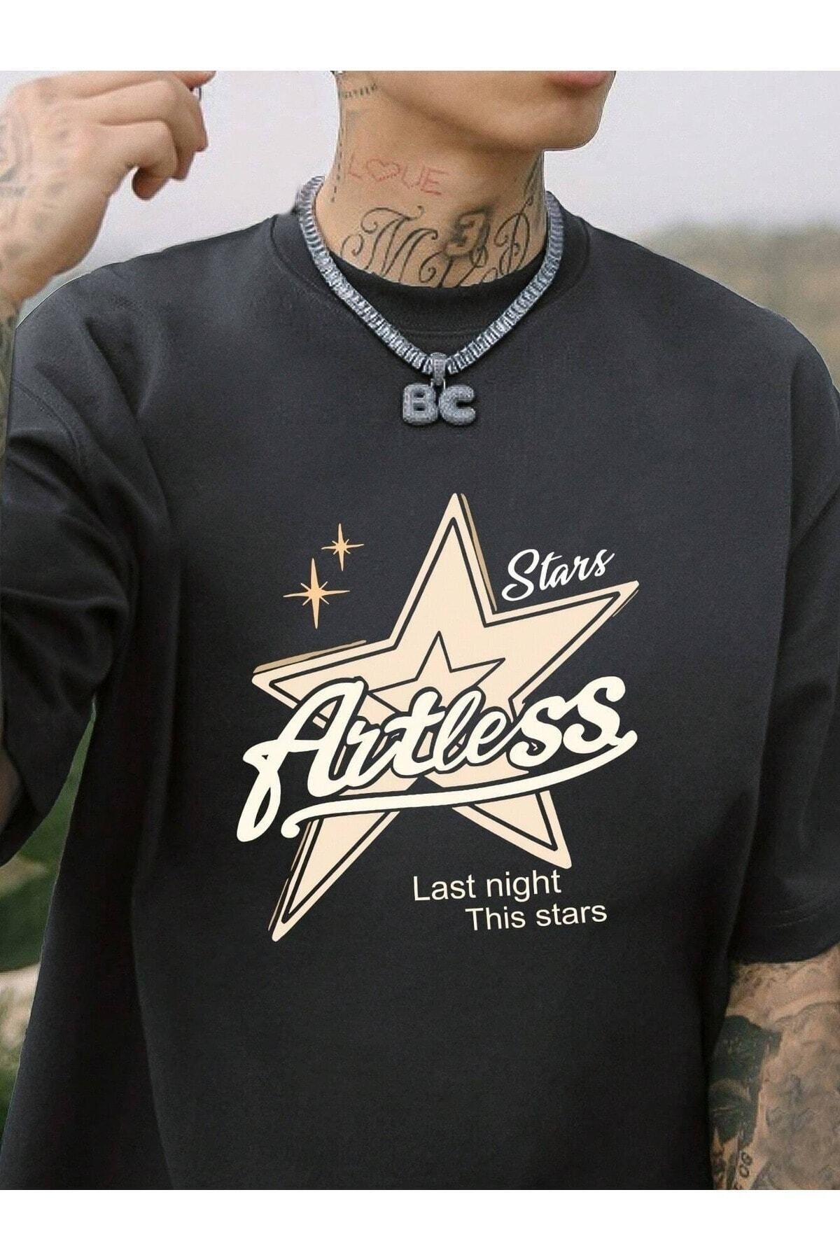 Hunors Sportswear & Company Stars Baskılı Oversize Erkek T-shirt Salaş Boyfirend