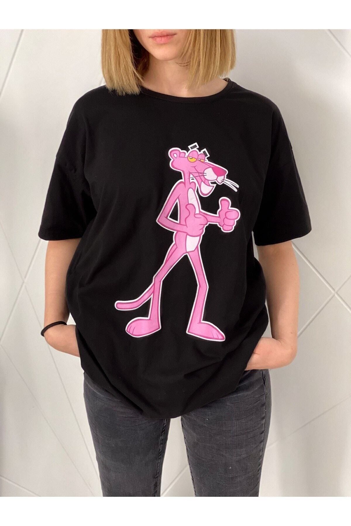 Hunors Sportswear & Company Kadın Siyah Pembe Panter Baskılı Oversize Tshirt
