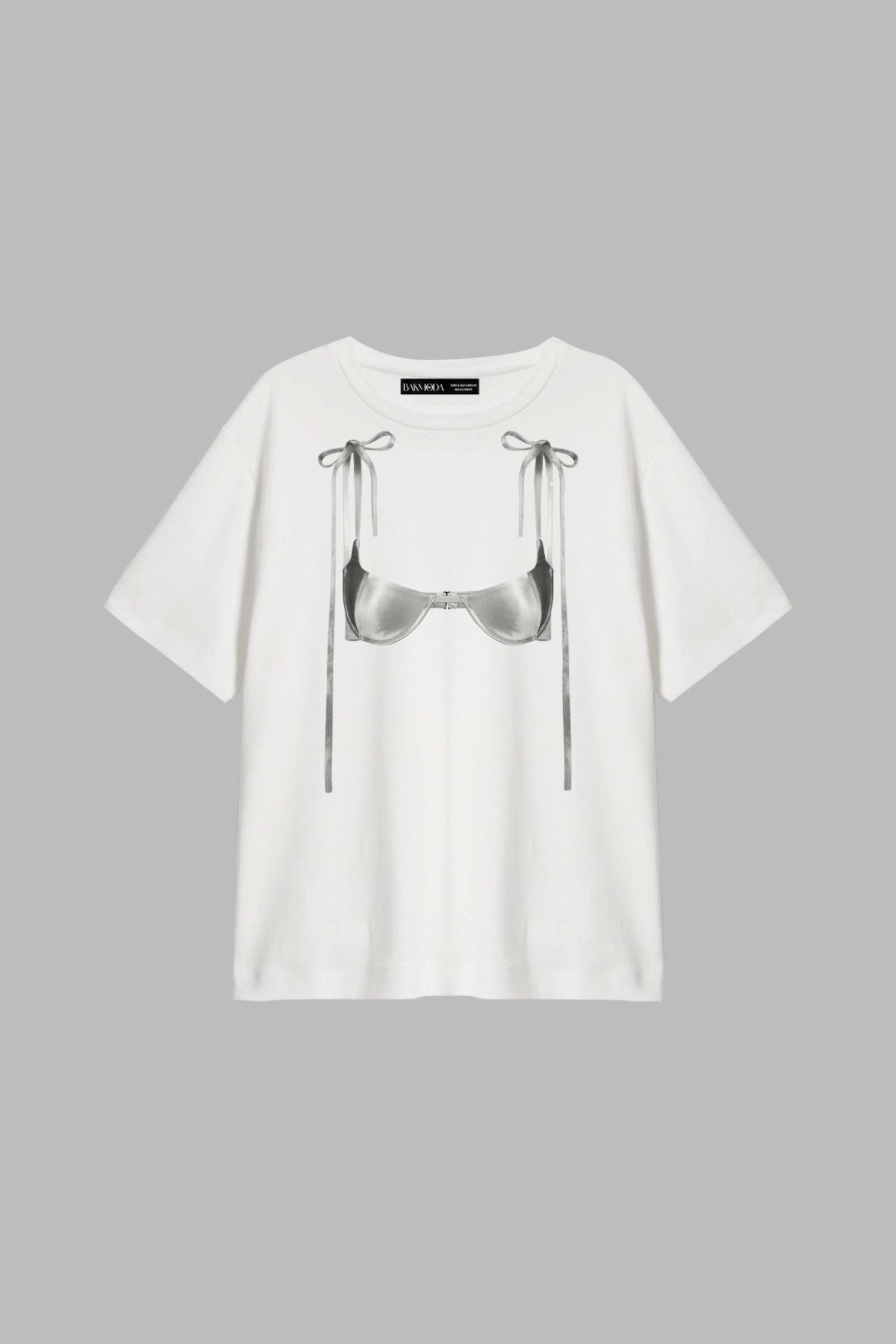 CİNEMA MODA Ribbon Bikini Baskılı Relaxed Fit Beyaz Kadın Tshirt