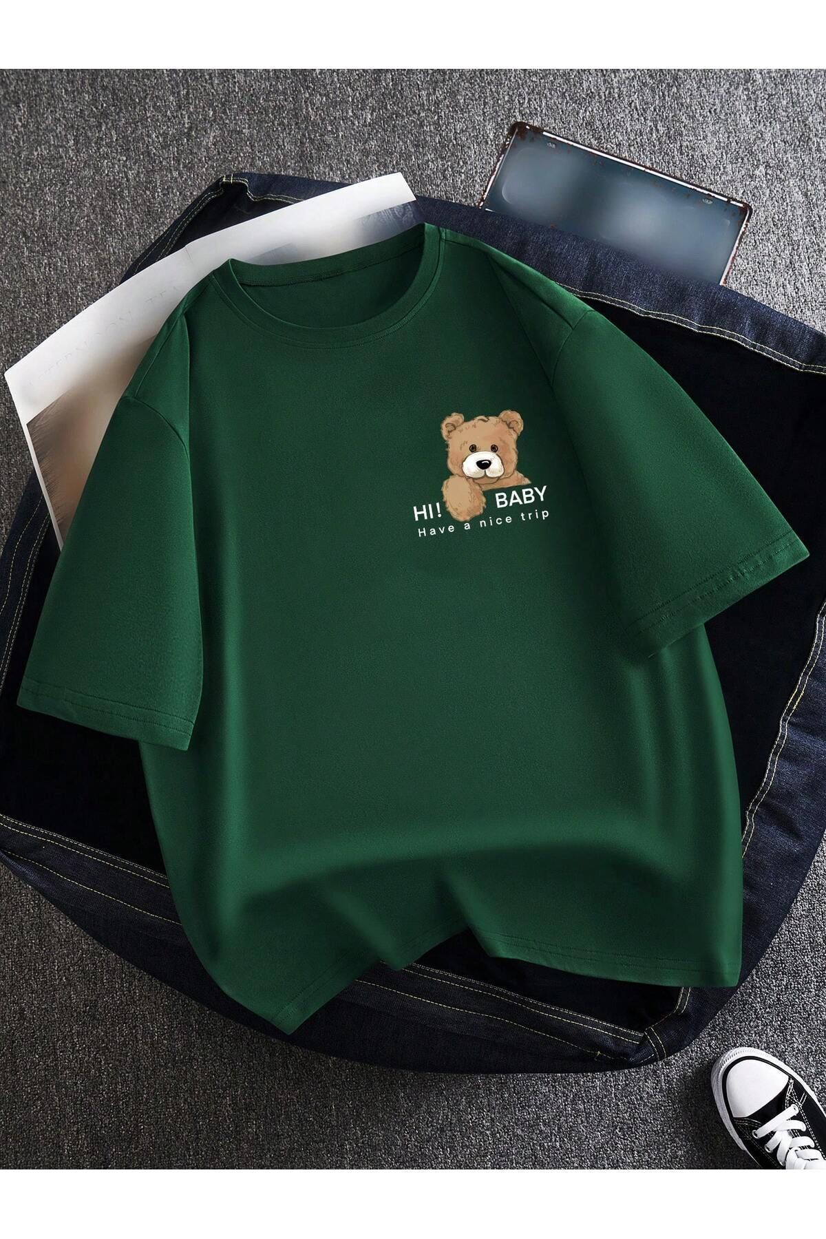 Hunors Sportswear & Company Nefti Yeşil Teddy Bear T-Shirt - Baskılı Oversize Bisiklet Yaka Kısa Kol
