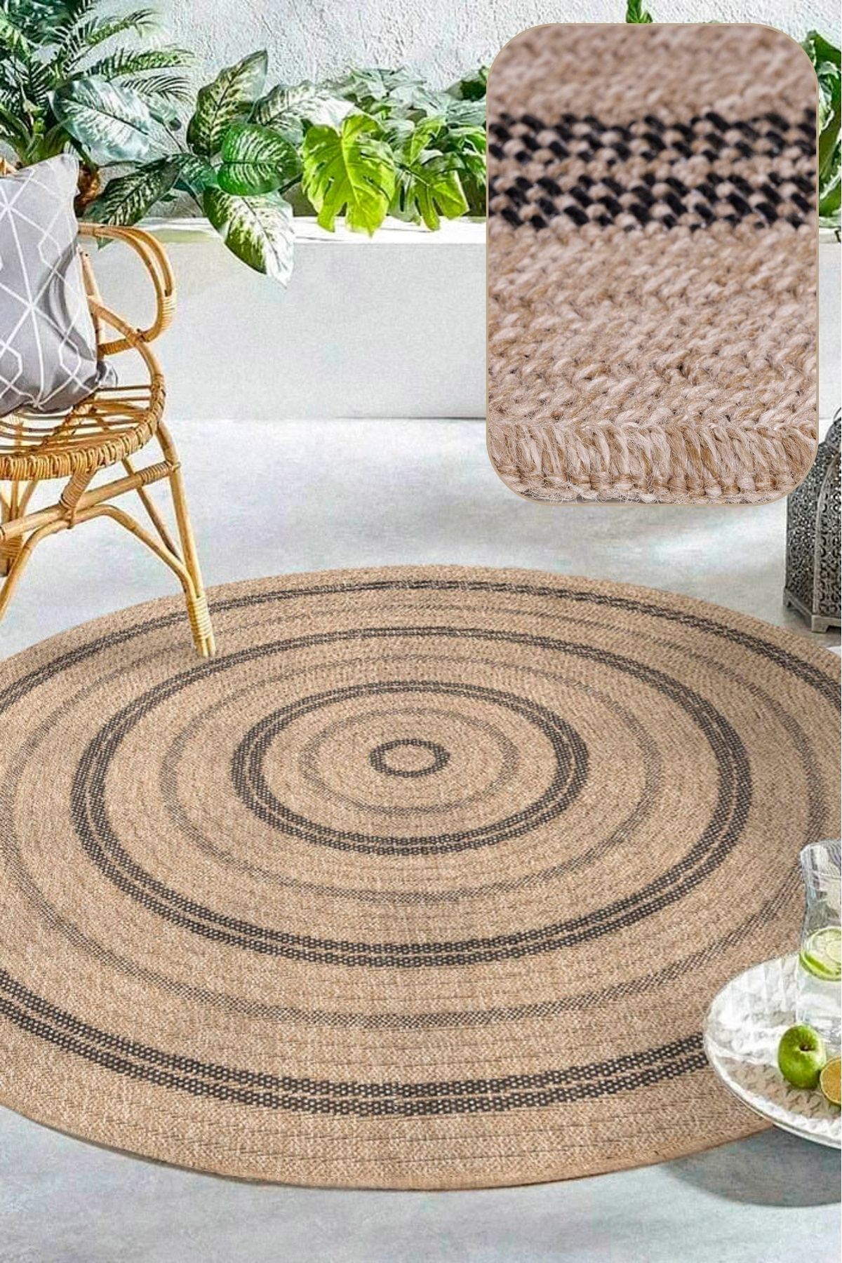 SANRUGS Home & Living Yıkanabilir Sisal Jüt Dokuma Hasır Halı Kilim Bej Kahve Daire Oval Model Mutfak Balkon Bahçe Teras