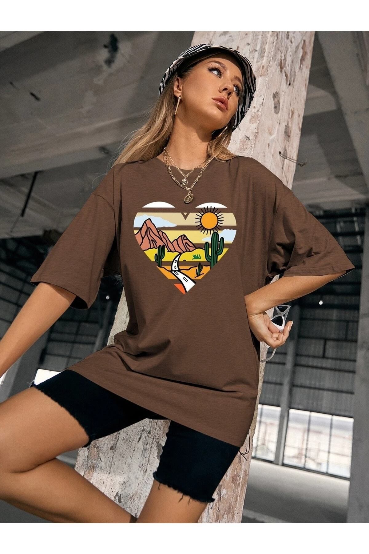 Hunors Sportswear & Company Life Baskılı Kadın / Kız Oversize Kahverengi T-shirt