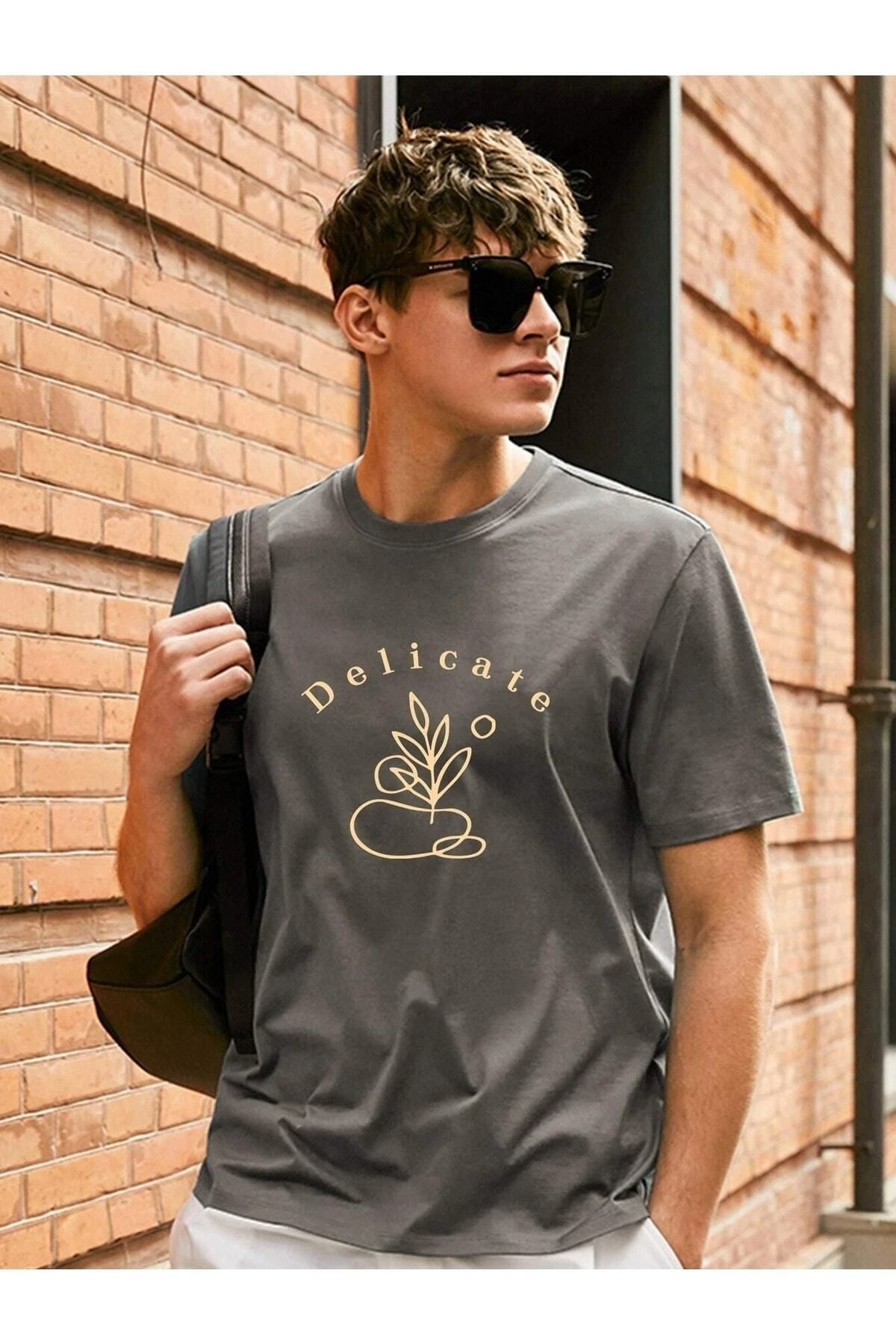 Hunors Sportswear & Company Erkek Füme Oversize T-shirt Delicate Baskılı