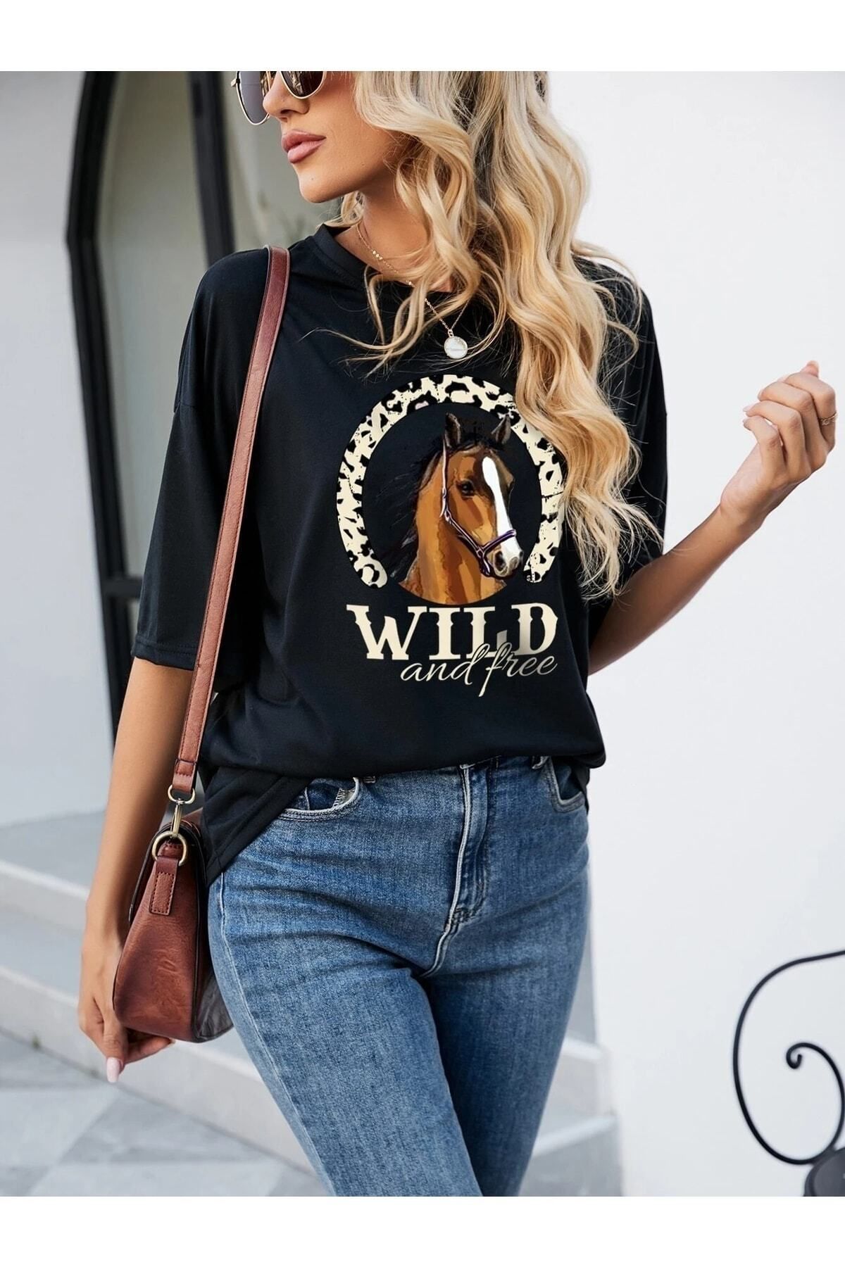 Hunors Sportswear & Company Kadın / Kız Siyah Oversize T-shirt Wild Baskılı