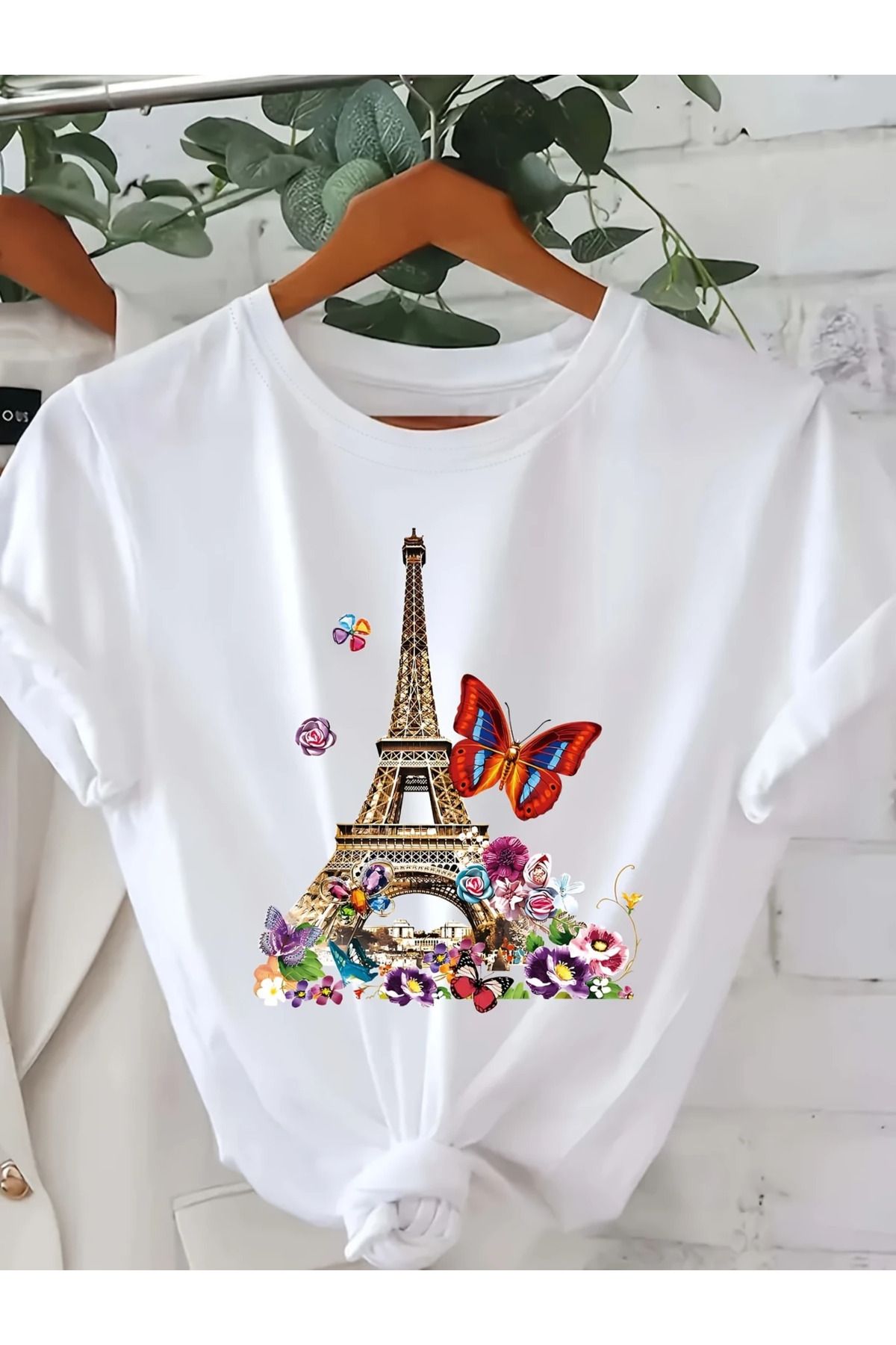 Boi Eiffel Kelebek & Çiçek Baskılı Kadın Pamuk T-shirt