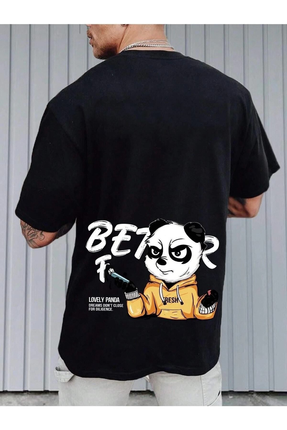 Hunors Sportswear & Company Lovely Panda Baskılı Oversize Erkek T-shirt Salaş Boyfirend