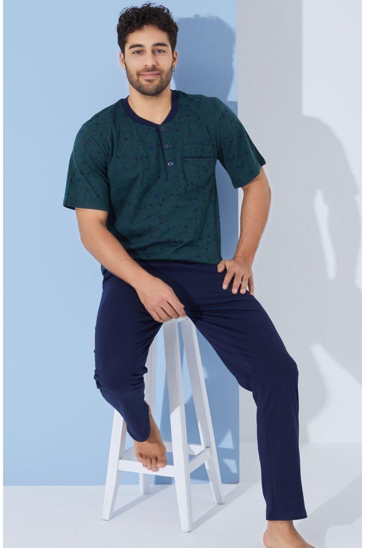 seamlife Erkek %100 Pamuklu Yeşil Lacivert Bisiklet Yaka Düğmeli Kısa Kollu Pijama Takımı