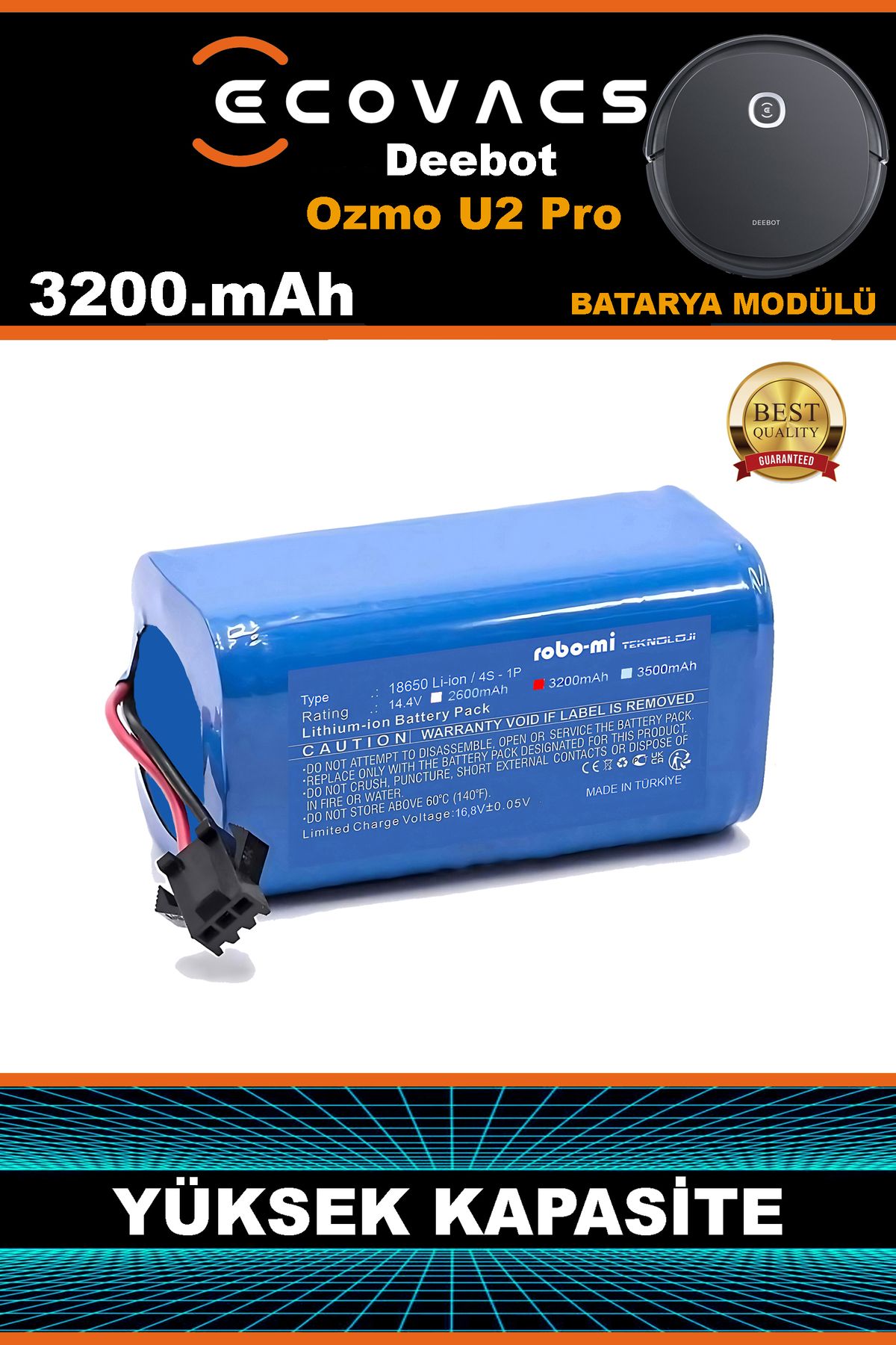 robo-mi Ecovacs Deebot Ozmo U2 Pro 3200mAh Robot Süpürge Bataryası - Gerçek Kapasite, Maksimum Güvenlik