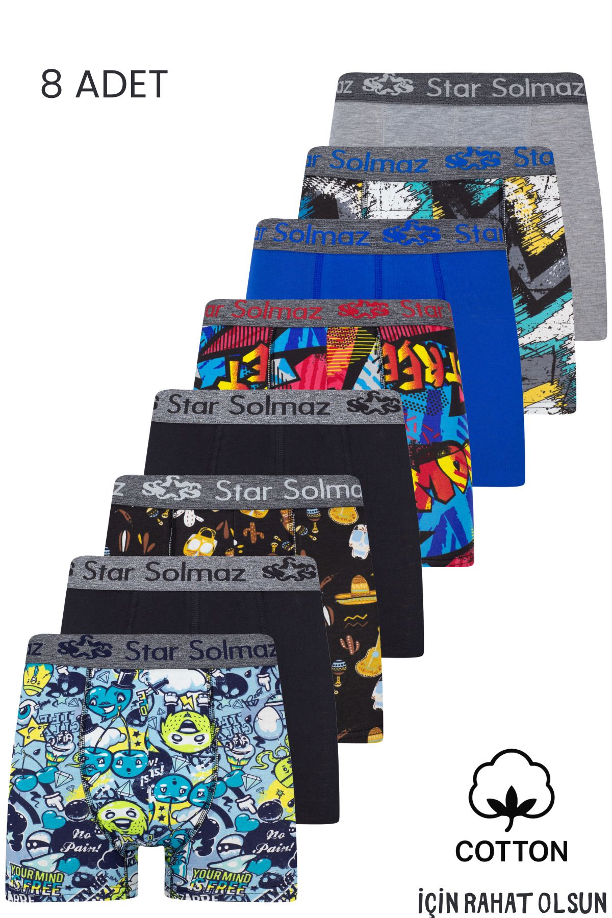 starsolmaz Erkek Boxer 8’li Pamuklu Likralı Desenli Büyük Beden Boxer (S - 6XL)