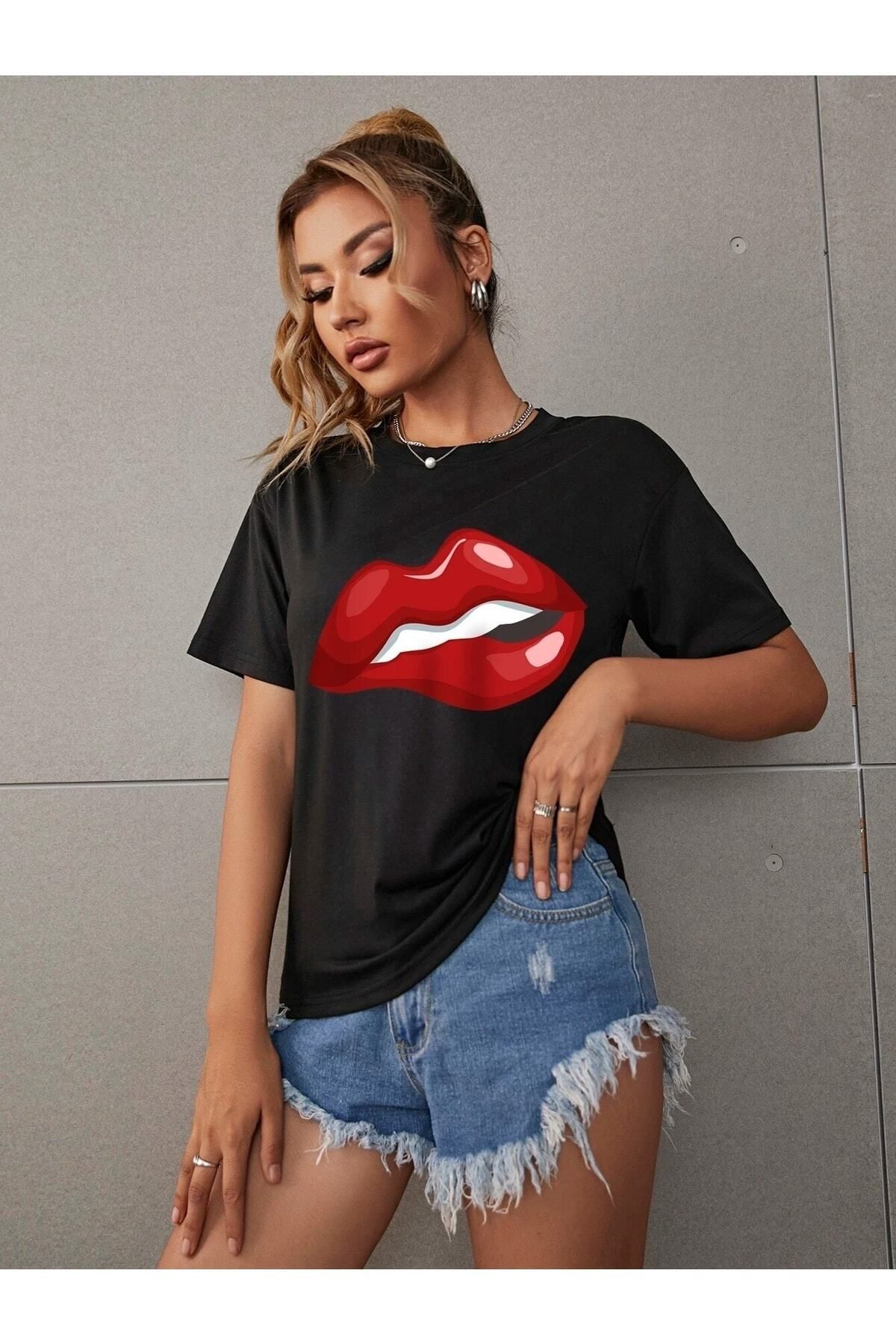 Boi Red Lip Baskılı Kadın / Kız Oversize Kırmızı Salas T-shirt Boyfriend