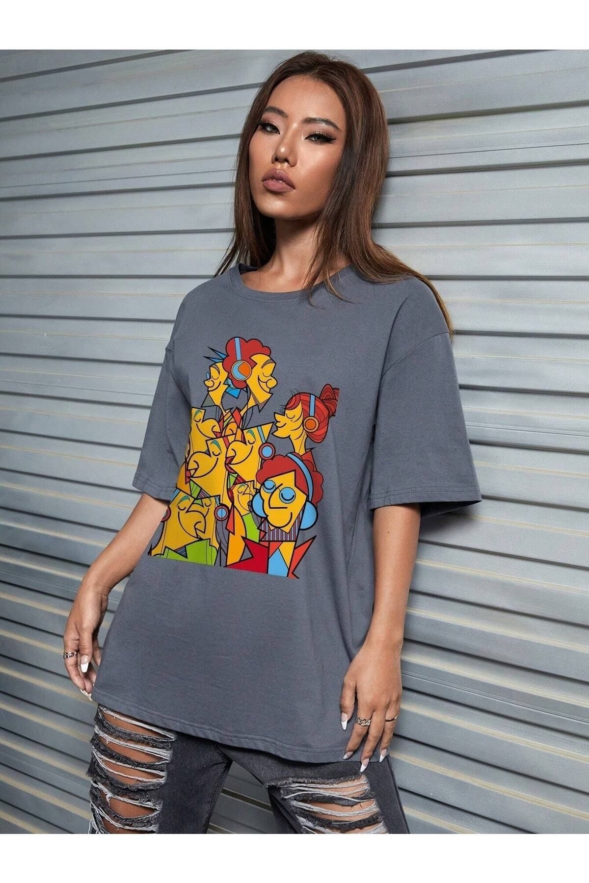 Boi Kadın / Kız Karikatürist Baskılı Füme Oversize T-shirt Salaş Boyfirend