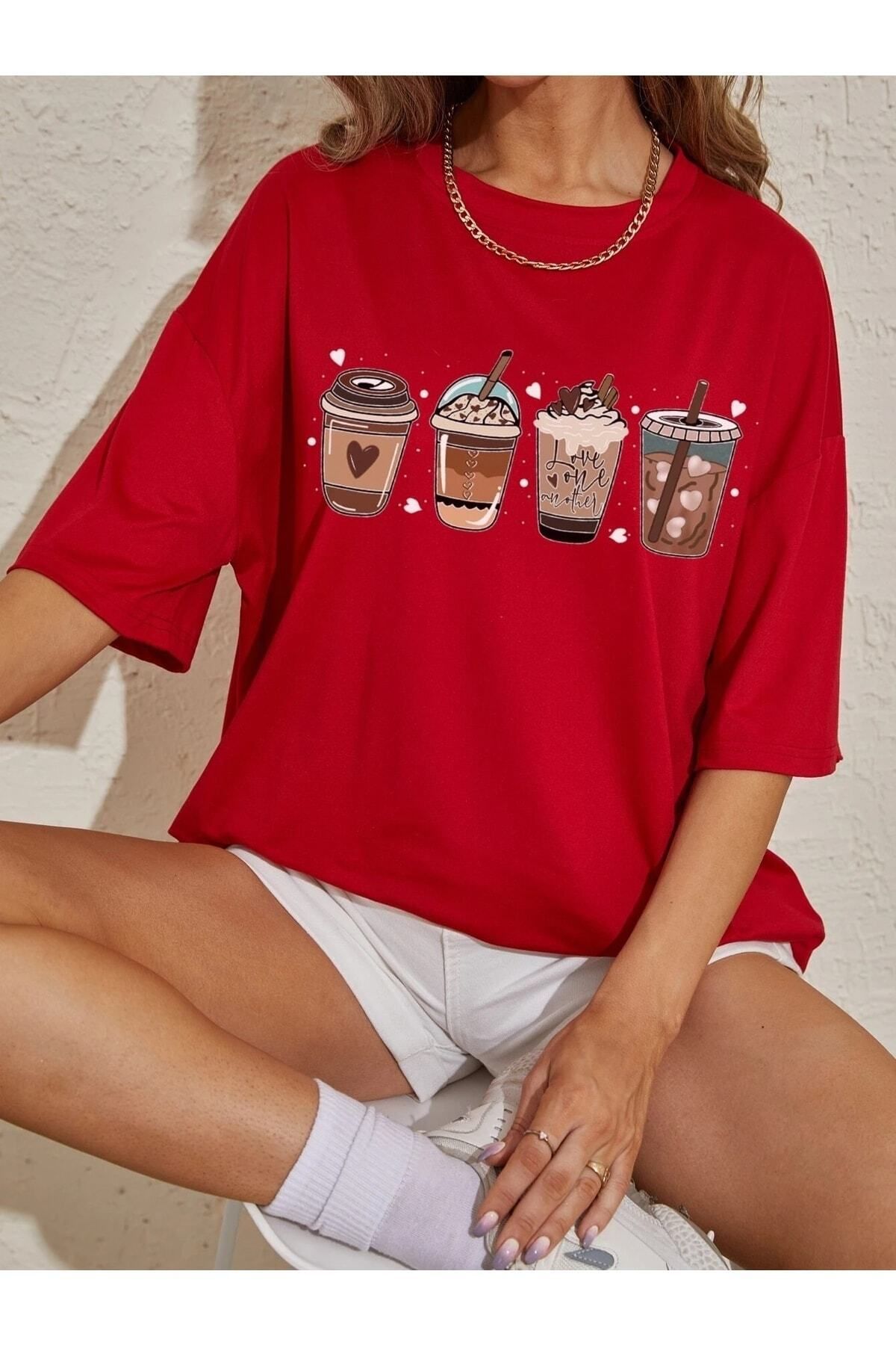 Hunors Sportswear & Company Coffes Baskılı Kadın Oversize Kırmızı Salas T-shirt Boyfriend