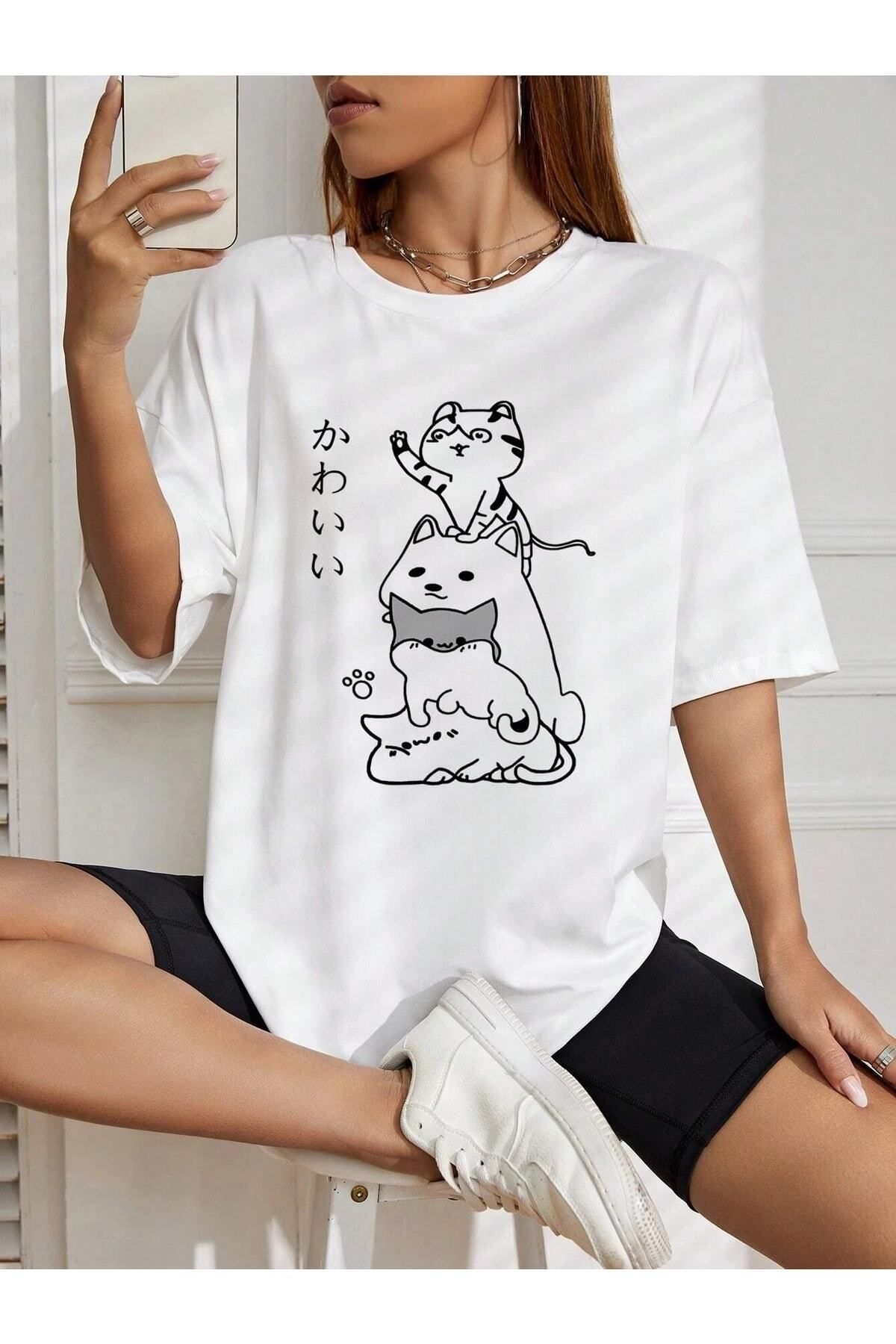 Boi Kadın / Kız Sevimli Kediler Baskılı Oversize T-shirt Salaş Boyfirend