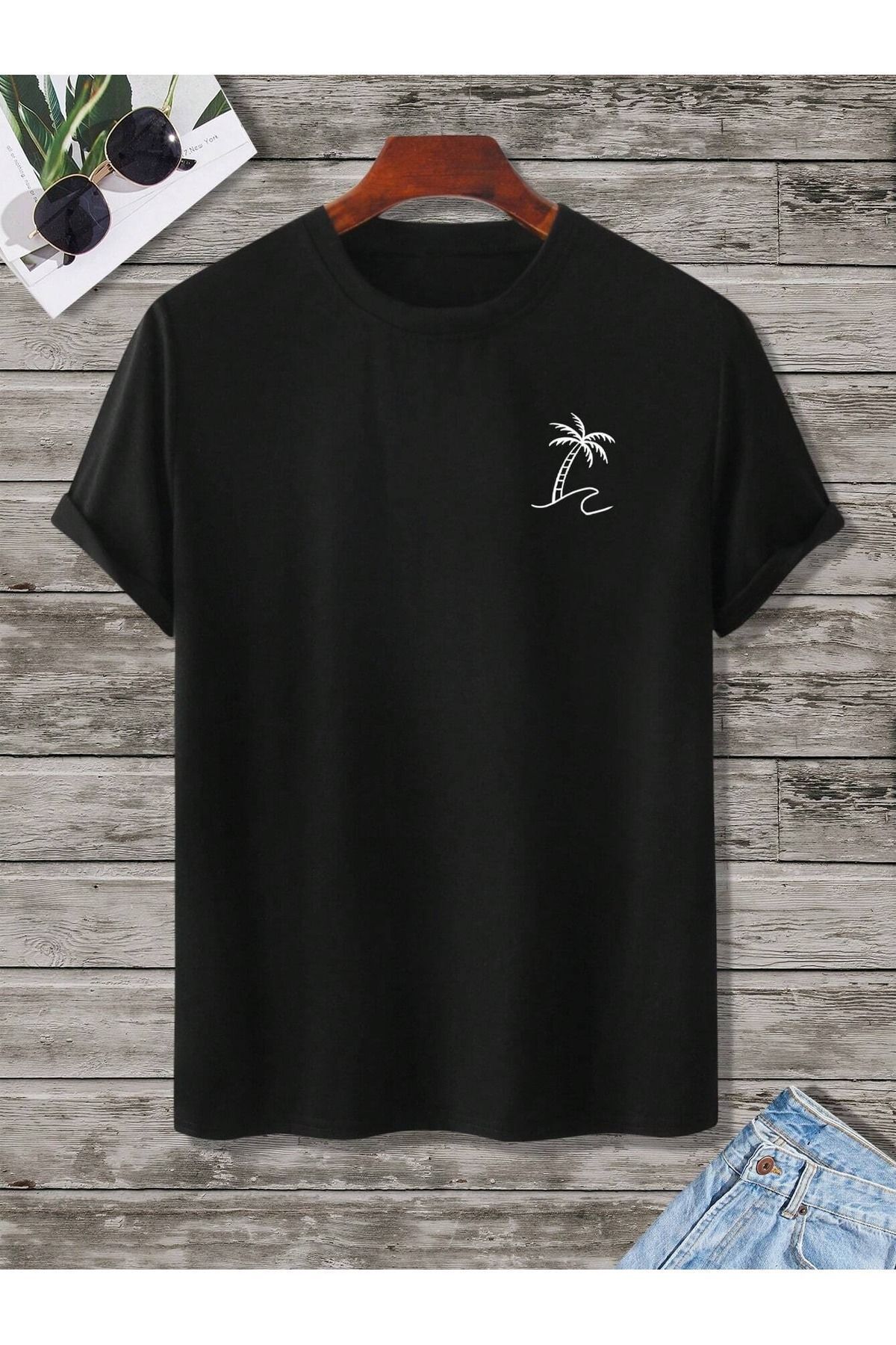 Hunors Sportswear & Company Palm Wave T-Shirt - Siyah Baskılı Oversize Bisiklet Yaka Kısa Kol