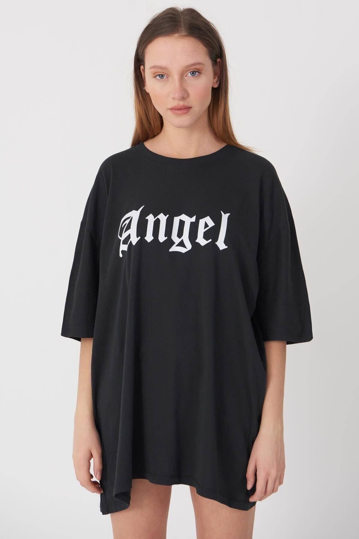 Hunors Sportswear & Company Kadın Siyah Oversize Angel Tshirt
