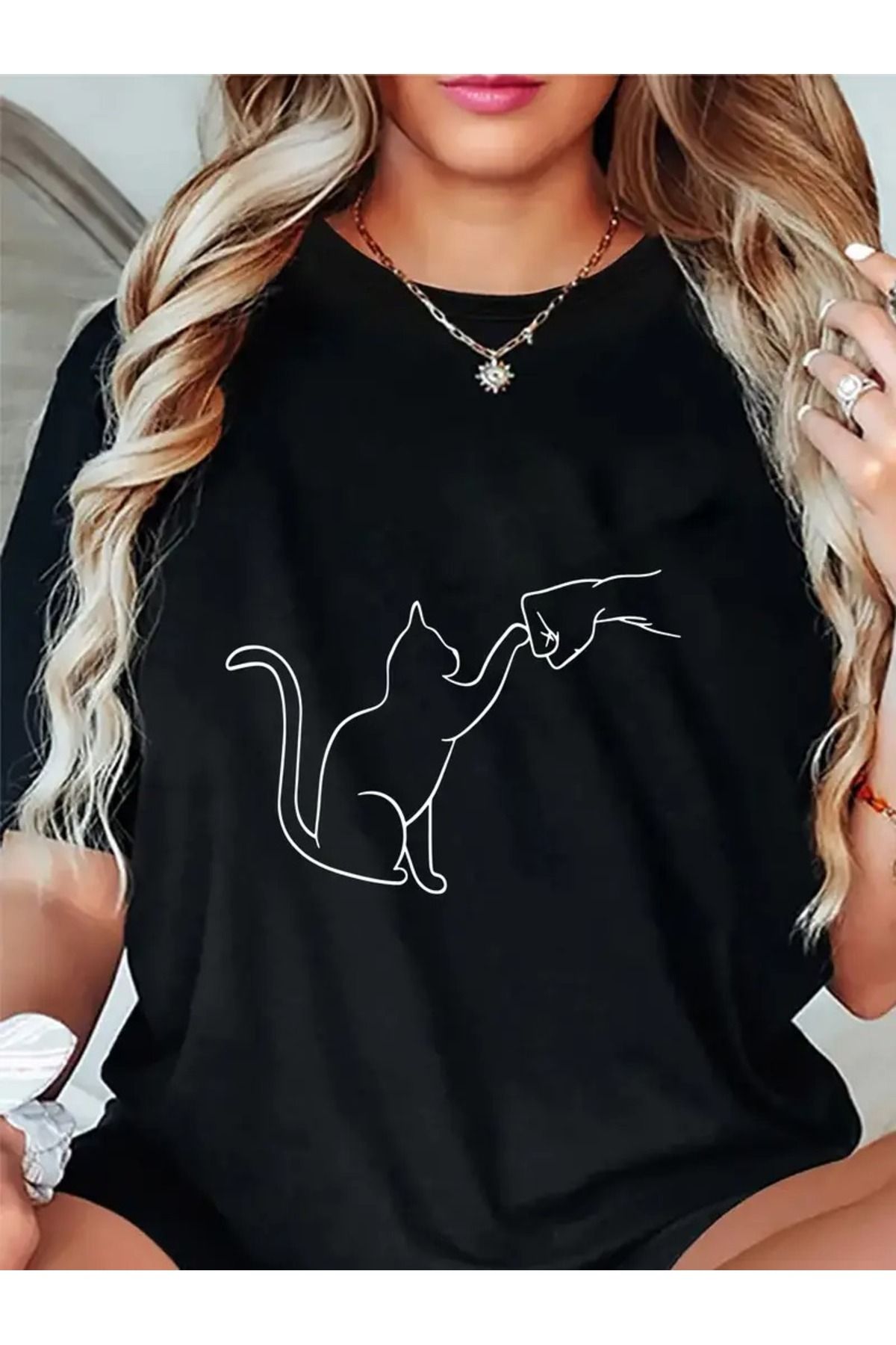 Boi Kedi Dostu Baskılı Kadın / Kız Oversize Salas T-shirt Boyfriend