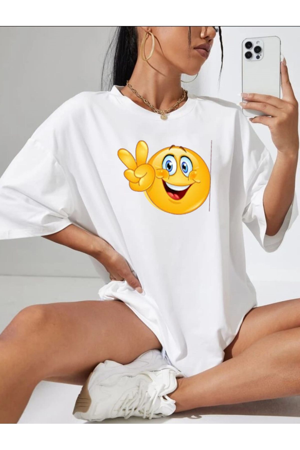 Hunors Sportswear & Company Emoji Baskılı Oversize Kadın / Kız T-shirt Salaş Boyfirend