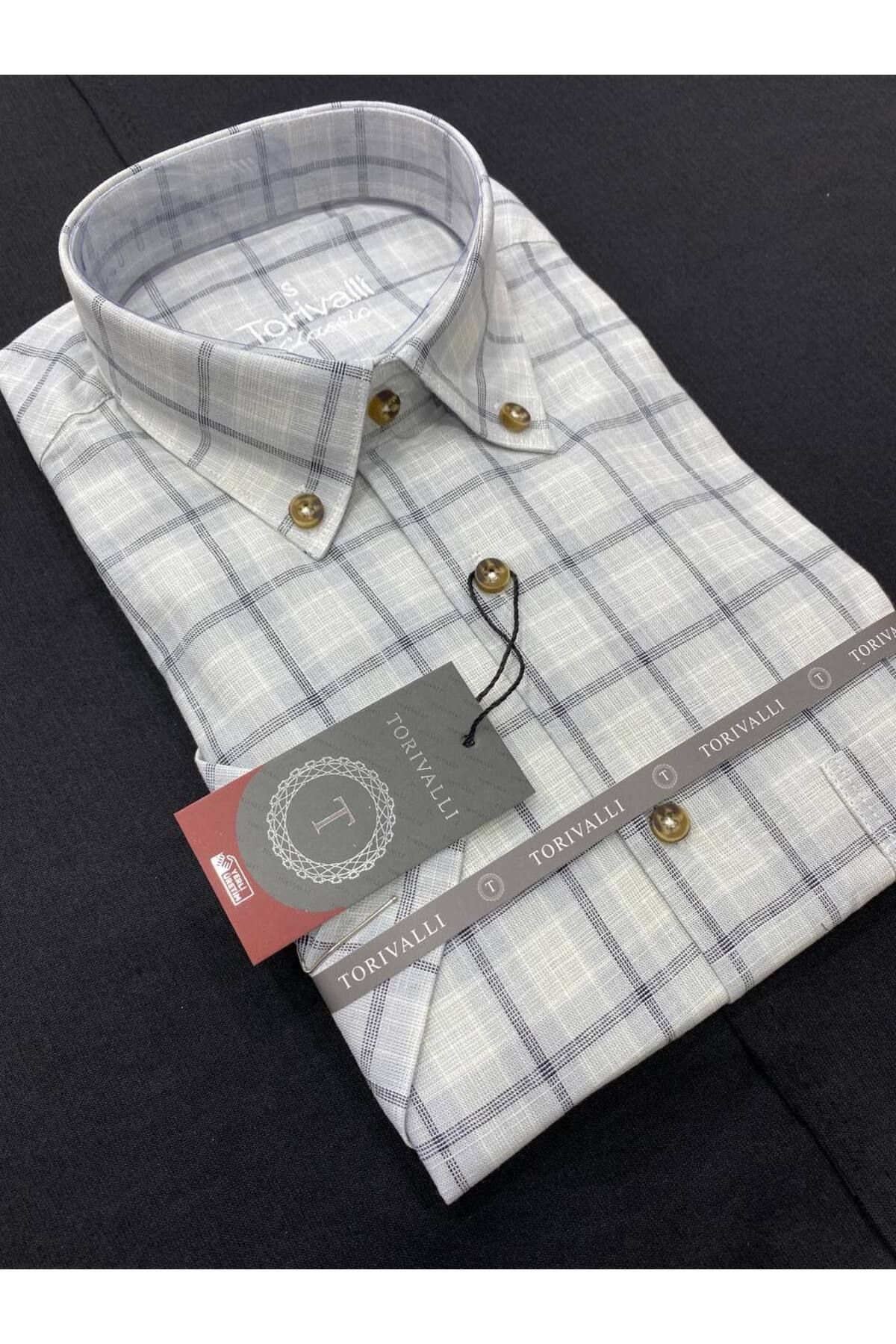 Torivalli Collection Keten Klasik Kesim Yaka Düğmeli Kısa Kollu Cepli Mevsimlik Ekoseli Erkek Gömlek