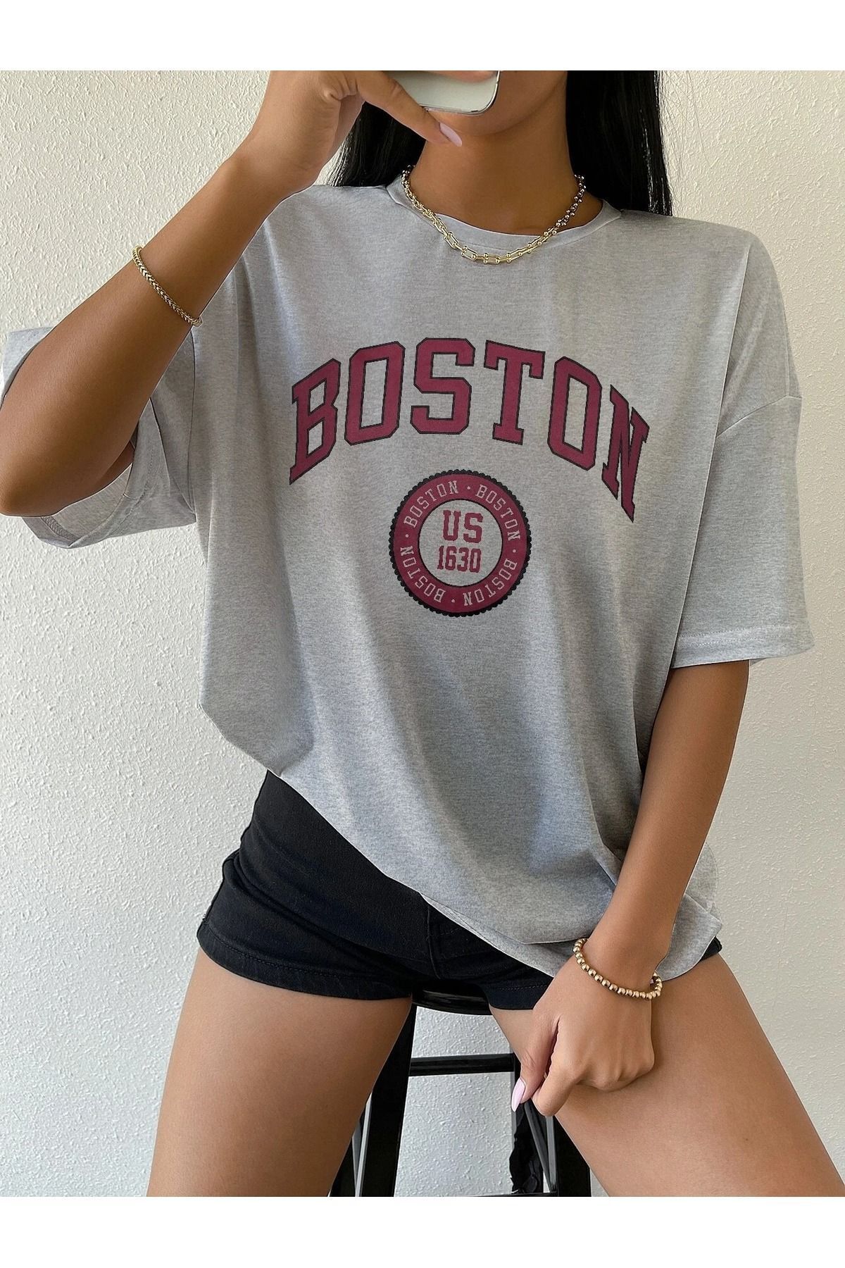 Hunors Sportswear & Company Boston 1630 T-Shirt - Gri Baskılı Oversize Bisiklet Yaka Kısa Kol