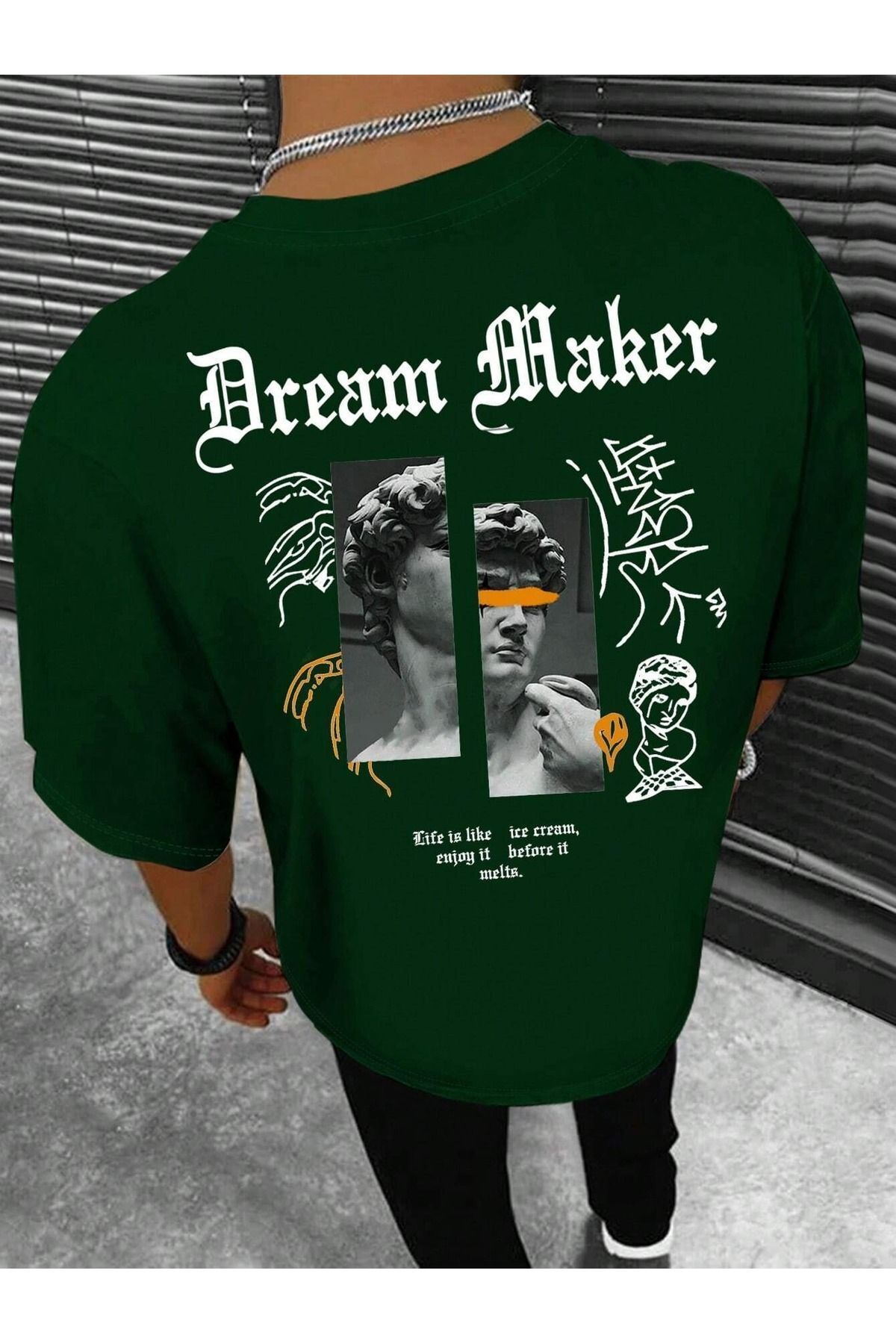 Hunors Sportswear & Company Dream Maker T-Shirt - Nefti Yeşil Baskılı Oversize Bisiklet Yaka Kısa Kol