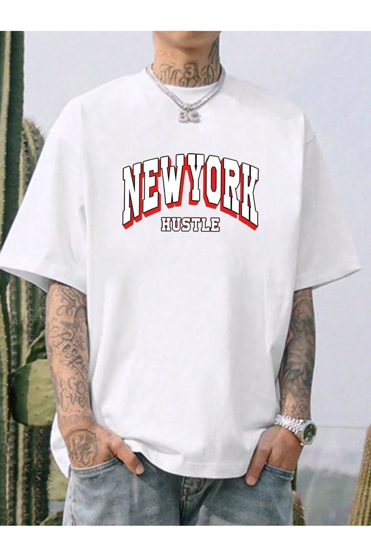 Hunors Sportswear & Company New York Hustle T-Shirt - Beyaz Baskılı Oversize Bisiklet Yaka Kısa Kol