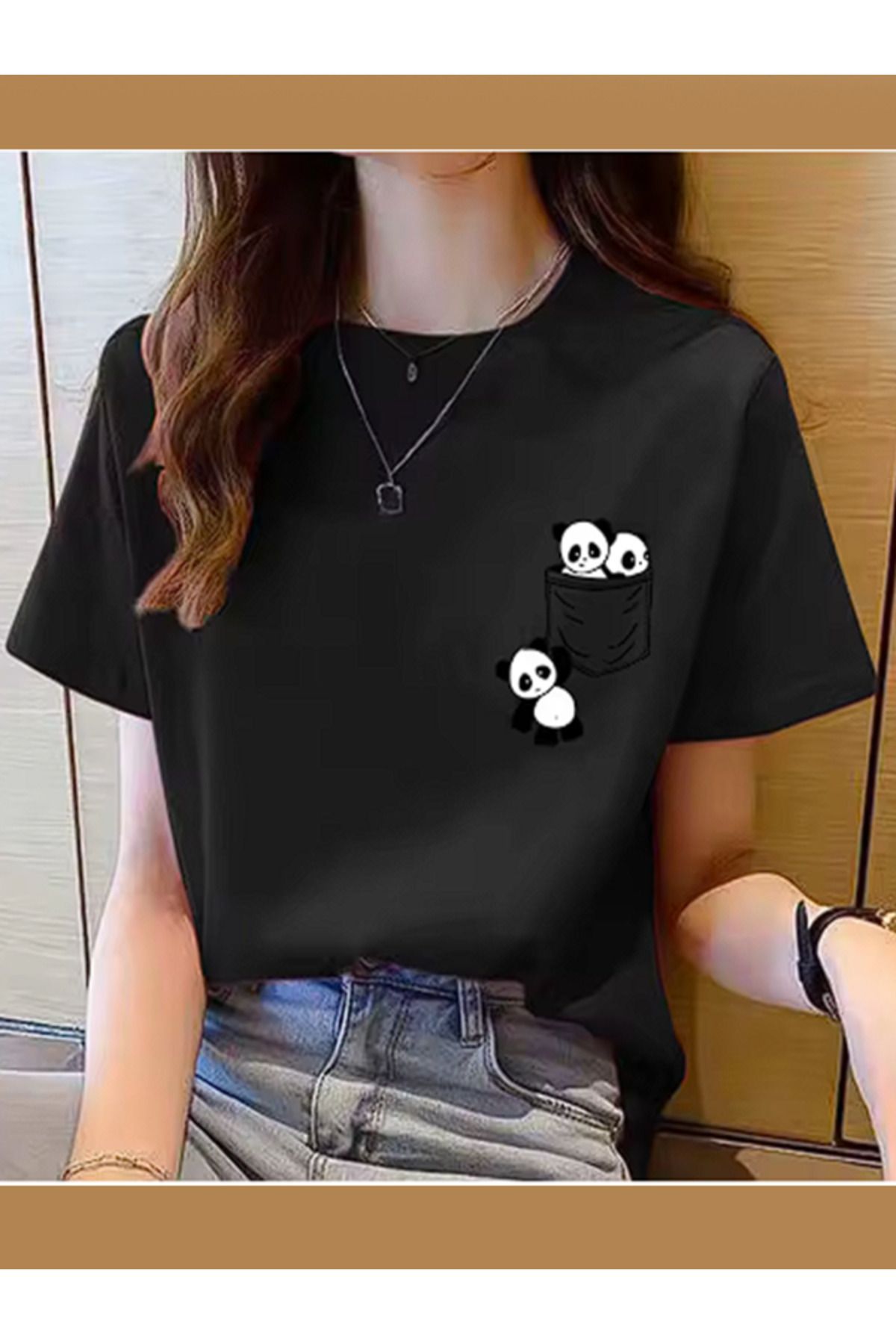 Hunors Sportswear & Company Siyah Panda Cep T-Shirt - Baskılı Oversize Bisiklet Yaka Kısa Kol