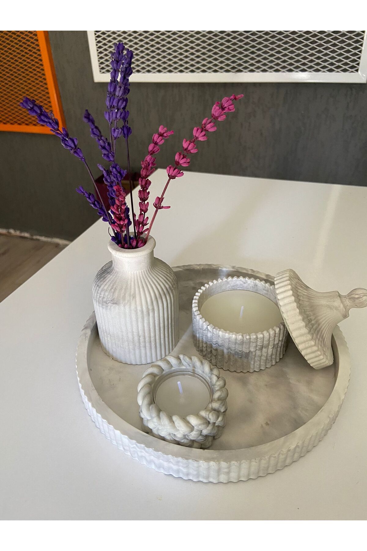 ELZEY Mermer Desen Özel Tasarım,Kokulu Soya Mumlu, Vazolu Ve Tepsili Takım