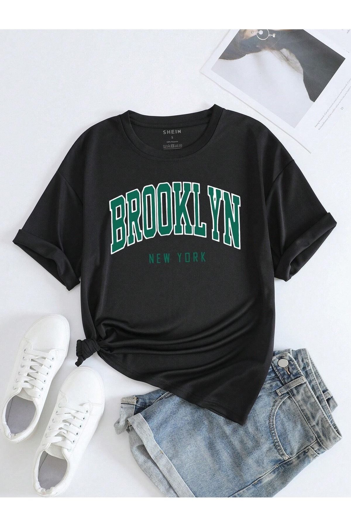Boi Brooklyn New York T-Shirt - Siyah Baskılı Oversize Bisiklet Yaka Kısa Kol